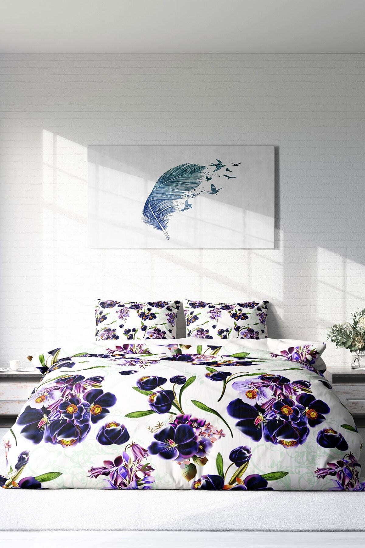 Kıng Sıze Purple Flowers Naturel Çift Kişilik Nevresim Takımı 220x240cm