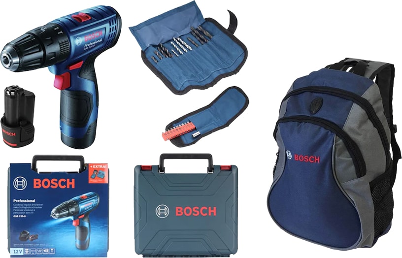 BOSCH Professional Gsb 120-LI 2X2AH Akülü Darbeli Delme/vidalama + 23 Parça Set ve Mavi Sırt Çantası