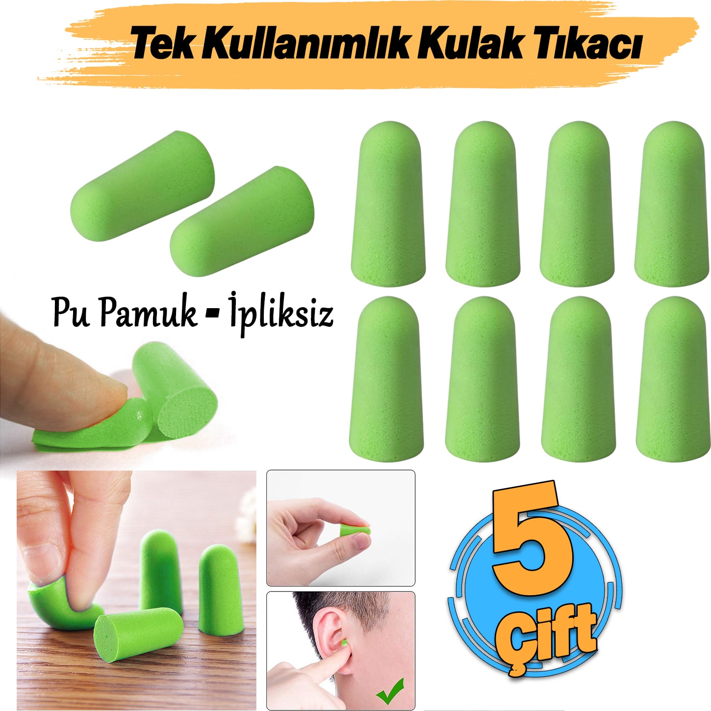 Tek Kullanımlık Kulak Tıkacı (5 Çift) 36 Db Pu Pamuk Tıkaç Gürültü Ses Önleyici Yüzme Su Koruyucu