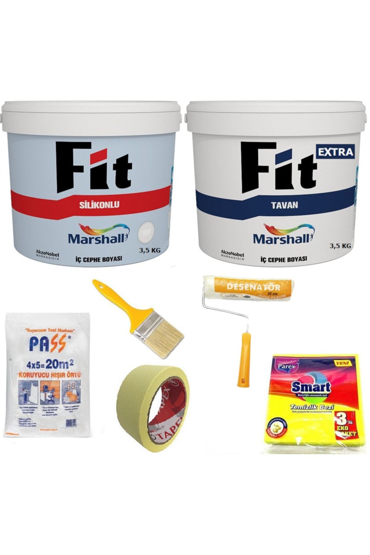 Fit Silikonlu Iç Cephe Boyası 3.5 Kg + Fit Extra Tavan Boyası 3.5 Kg + 5 Parça Boyama Seti