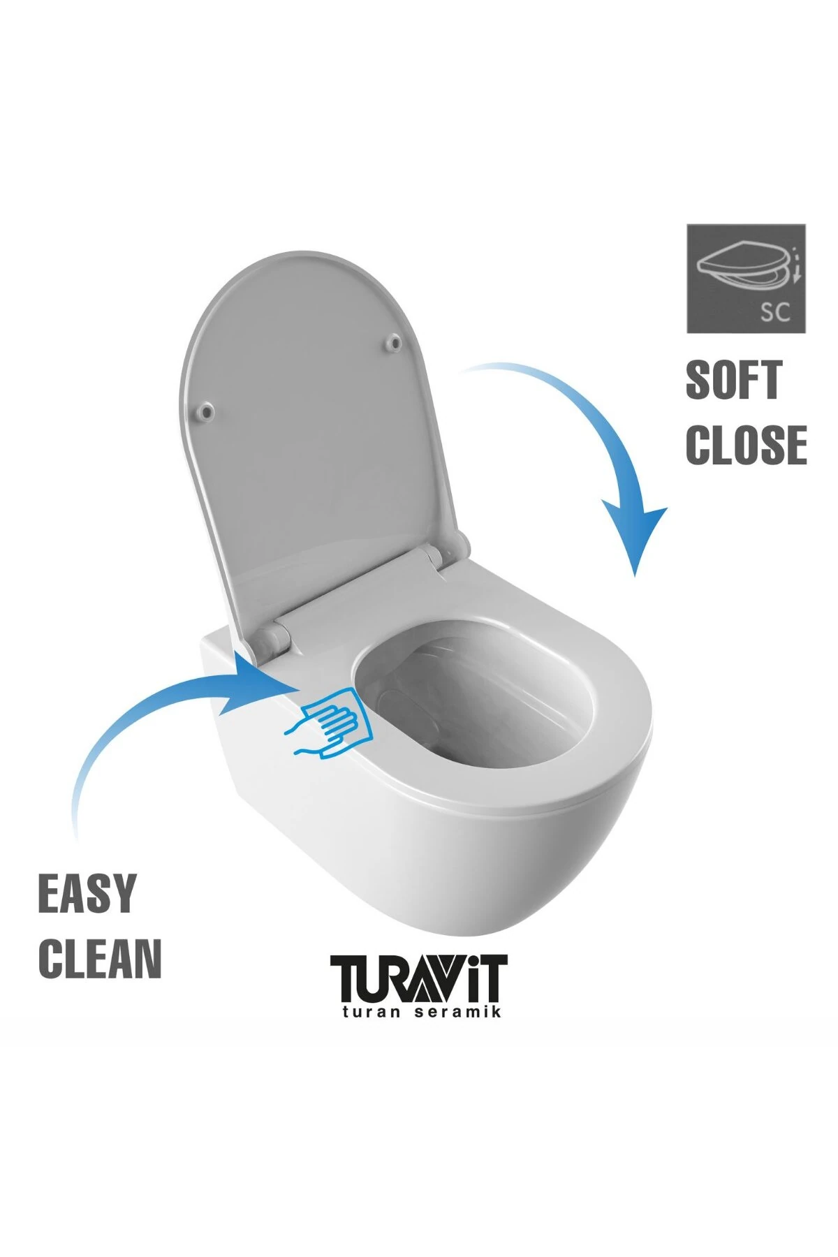 Turavit Rondo Beyaz Kanalsız Asma Klozet RND5512, Nkp Grande Yavaş Kapak