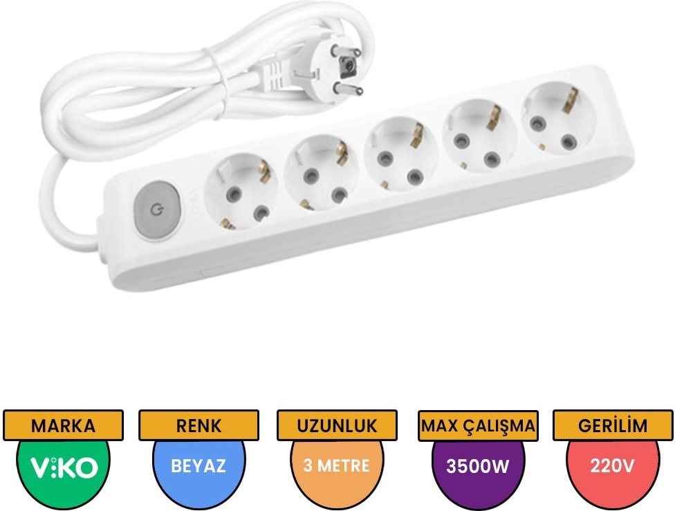 3 Metre Kablolu Anahtarlı ve Topraklı 5'li Priz