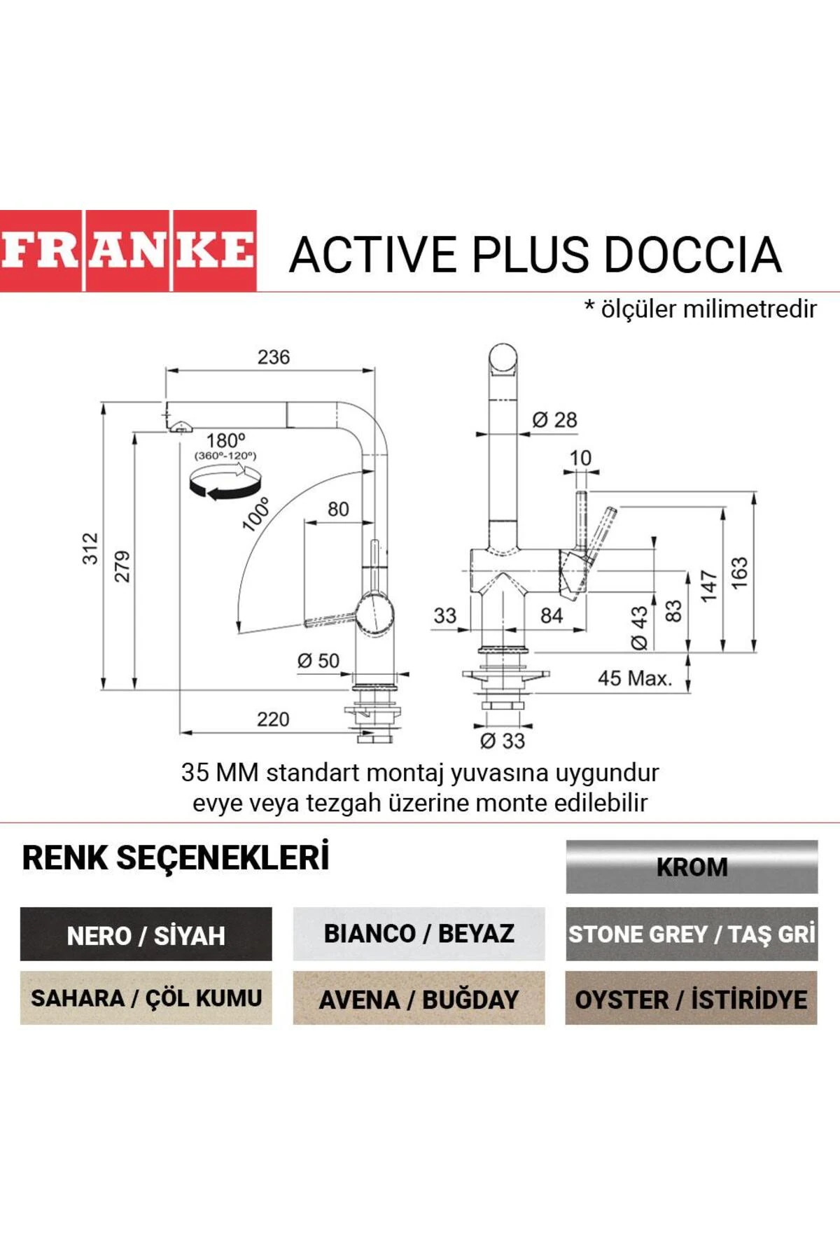 Active Plus Doccia Mutfak Armatürü, Slate Grey, Arduvaz Gri, Spiralli başlık