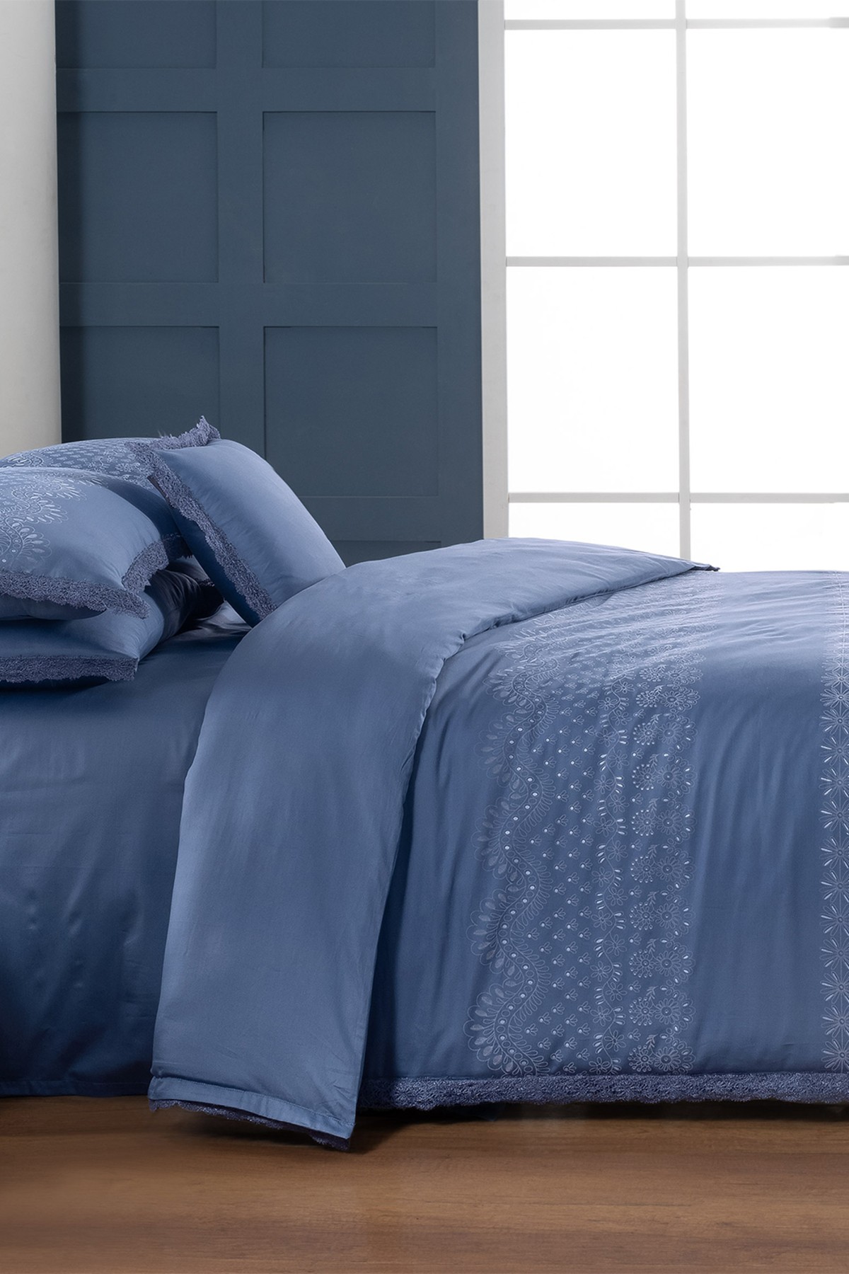 Perry Mavi King Size (Battal Boy) %100 Pamuk Saten "300 TC" Nevresim Takımı