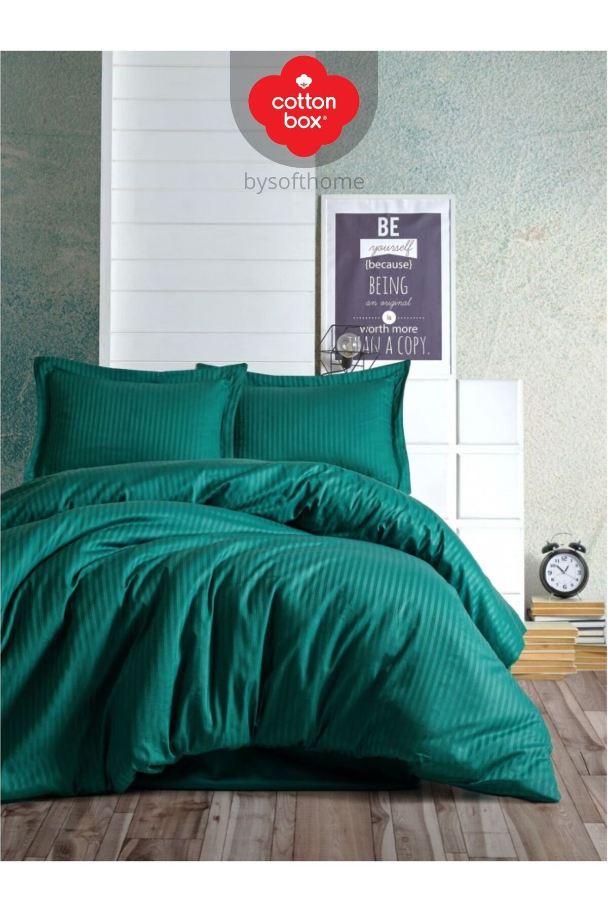 Elegant Stripe Petrol Çift Kişilik Pamuk Saten Nevresim Takımı