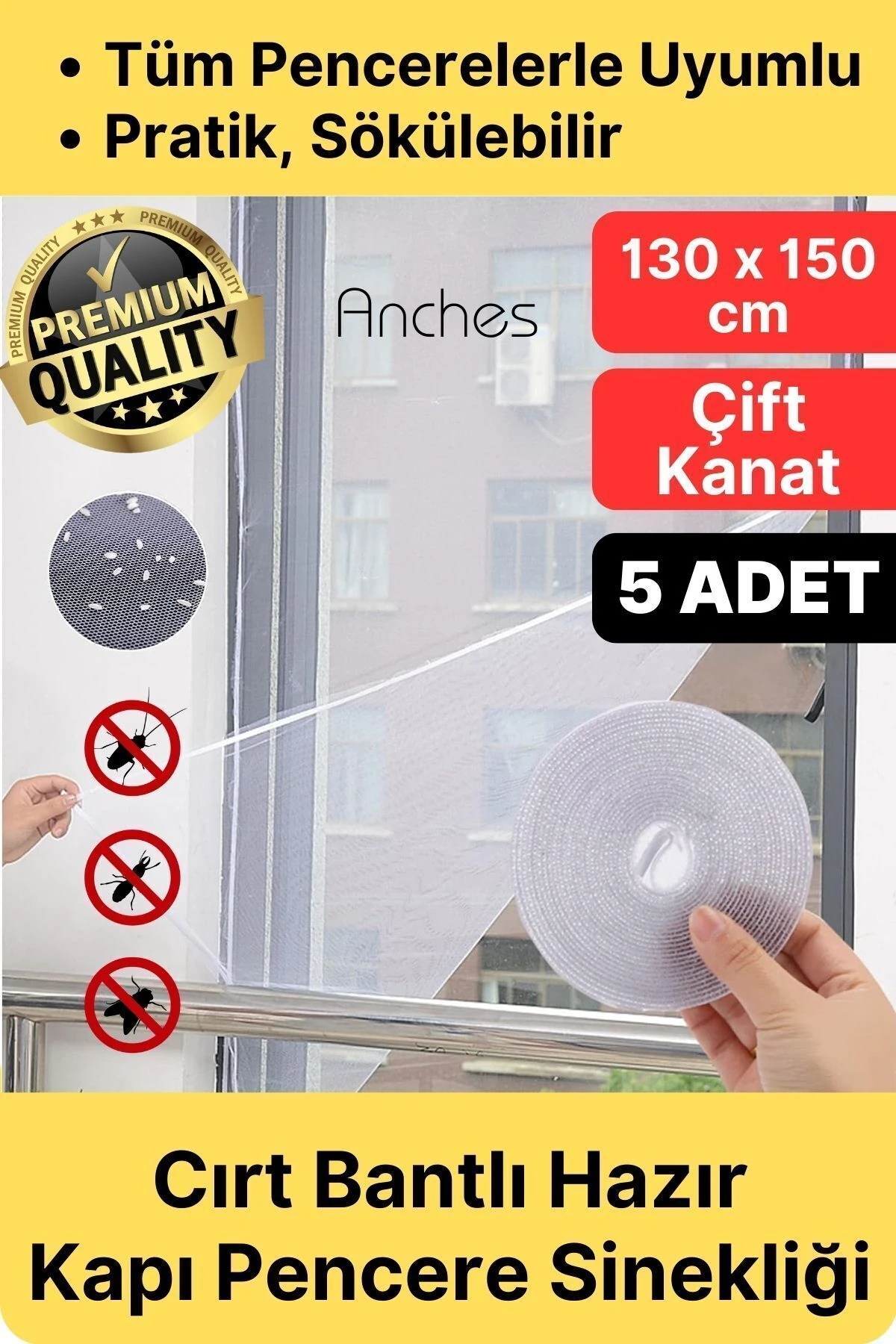 5 Adet Pratik Cam Pencere Kapı Uyumlu Çift Kanat Yırtılmaz Kendinden Yapışkanlı Sineklik