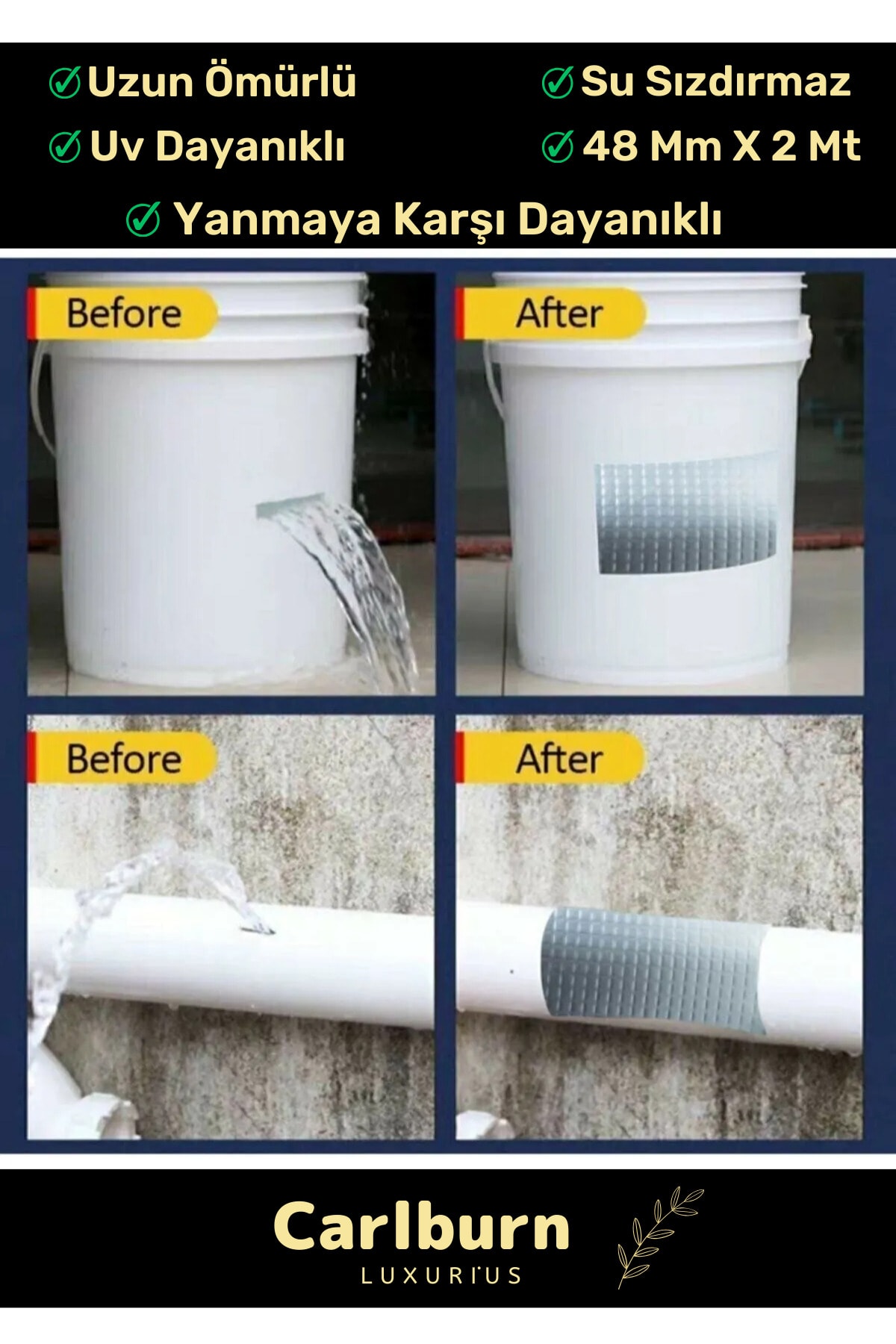 OZKUVVET Süper Güçlü Su Geçirmez Sızdırmaz Yeşil Renk Çok Amaçlı Tamir ve İzolasyon Bandı 48mm x 10m - 5 Adet