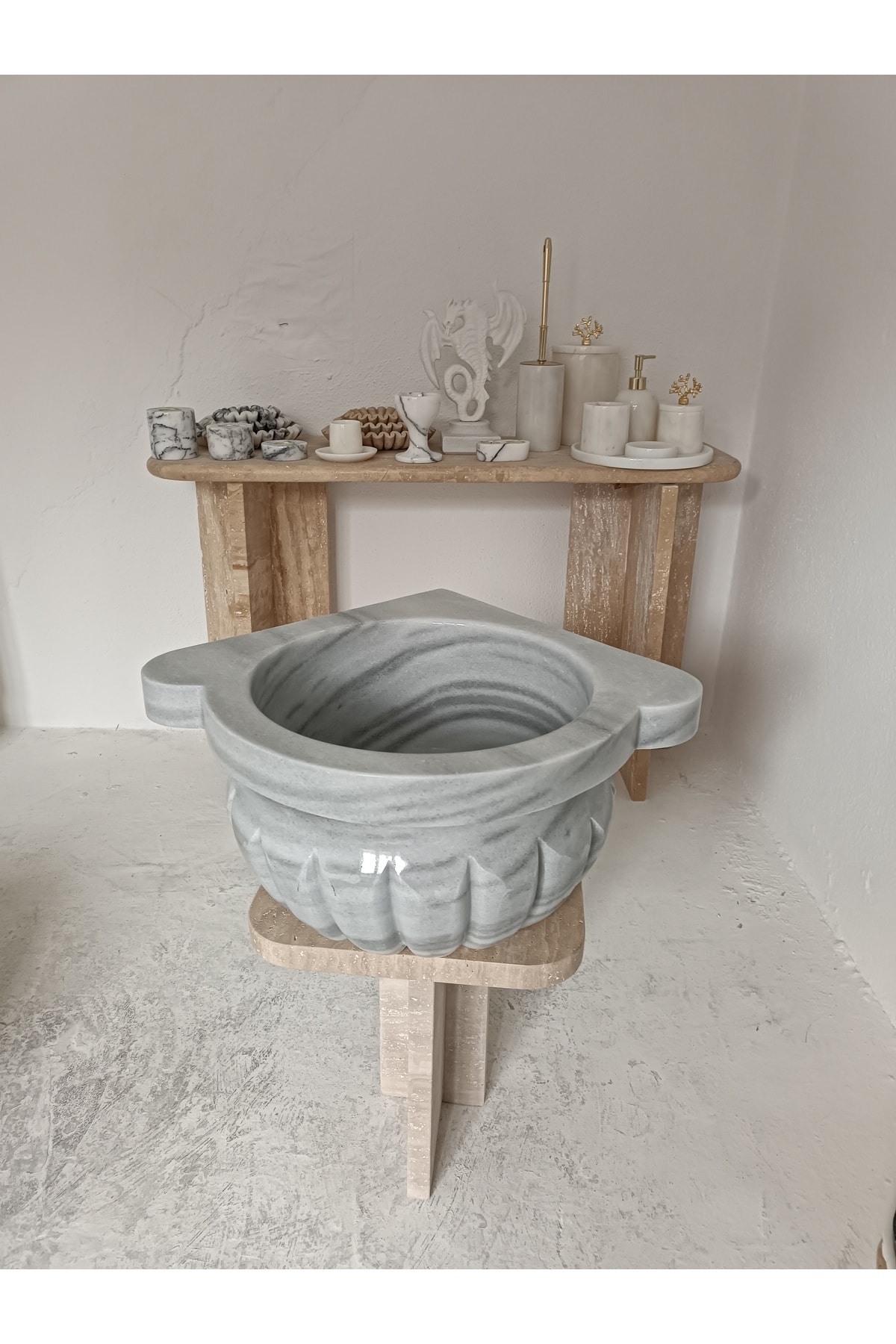 Mermer Kurna-kavun Dilimli Köşeli-hamam Kurnası-banyo Kurnası-ev Hediyesi-mermer Ev Aksesuarlar
