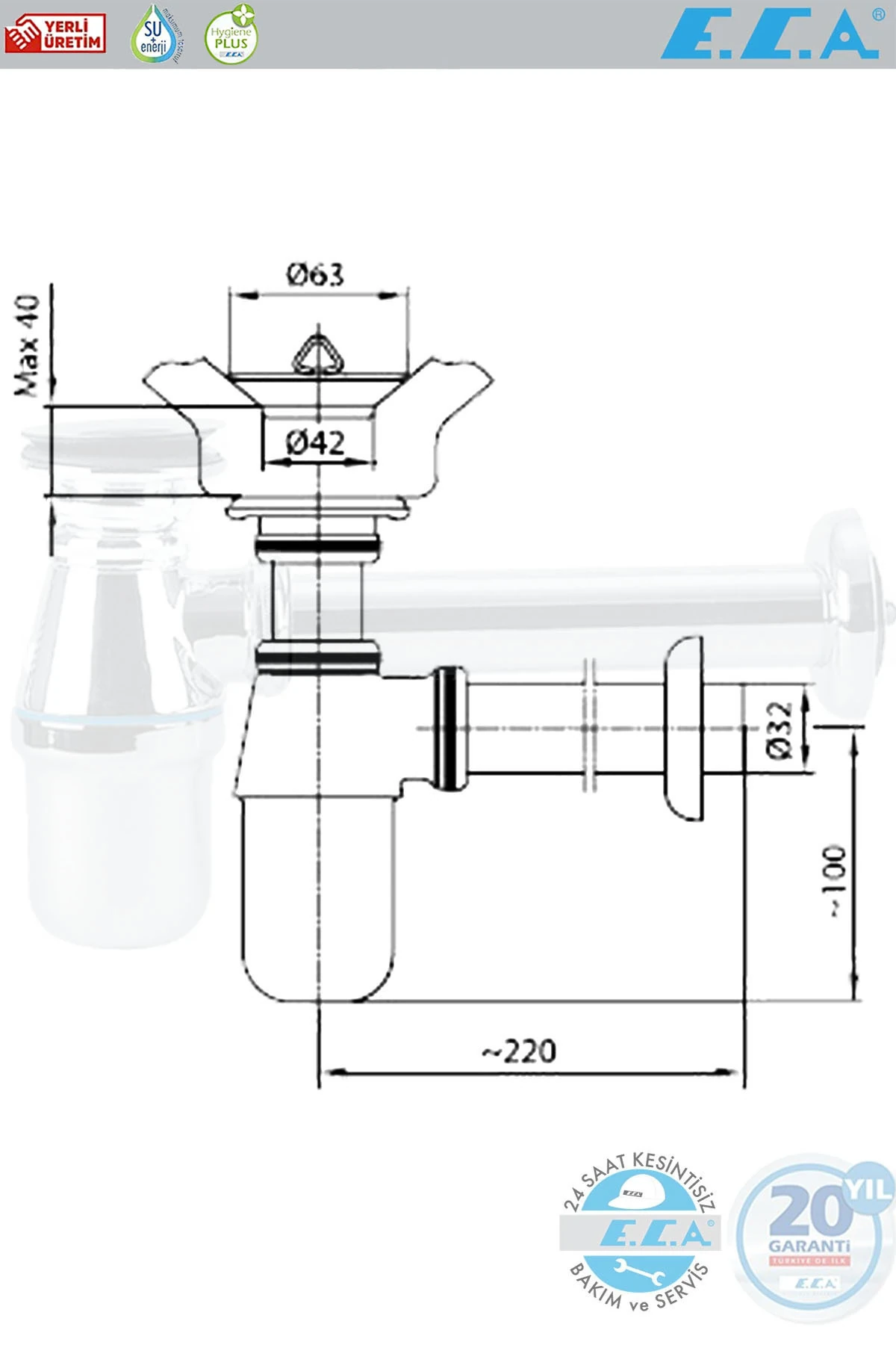 E.C.A Lavabo Eviye Sifonu Plastik Taslı 102119003