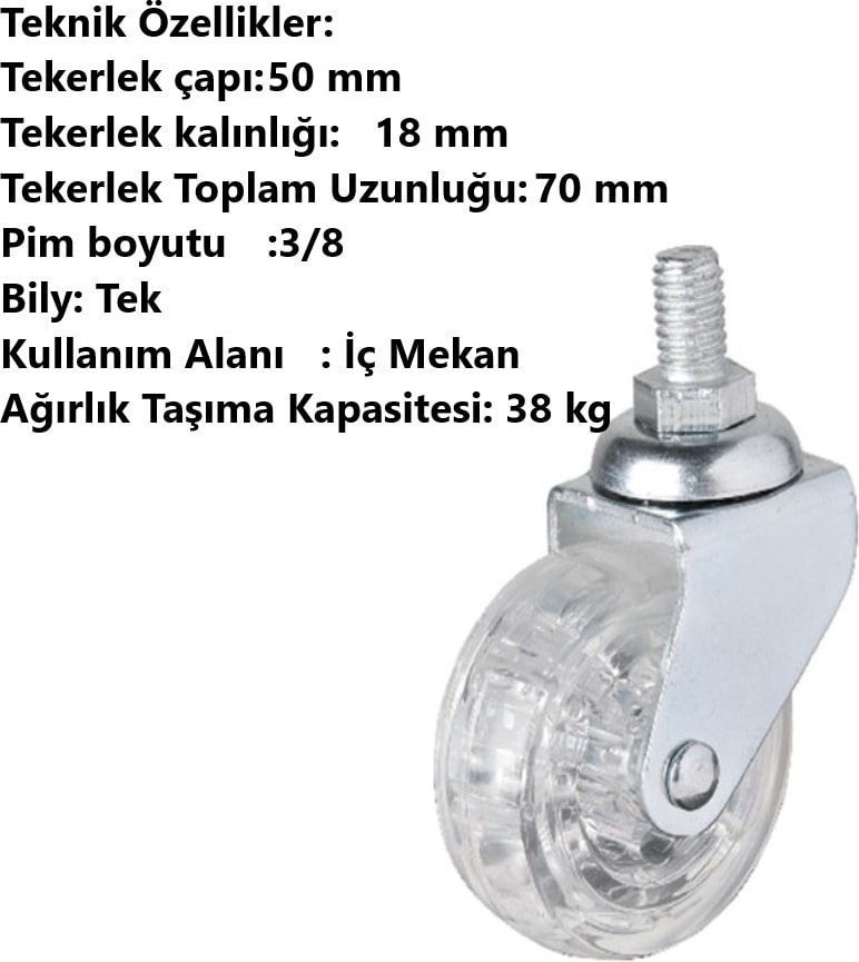 Adilon 50X20'LIK Şeffaf, Makaralı Vidalı, 360 Derece Döner Teker 4 Adet