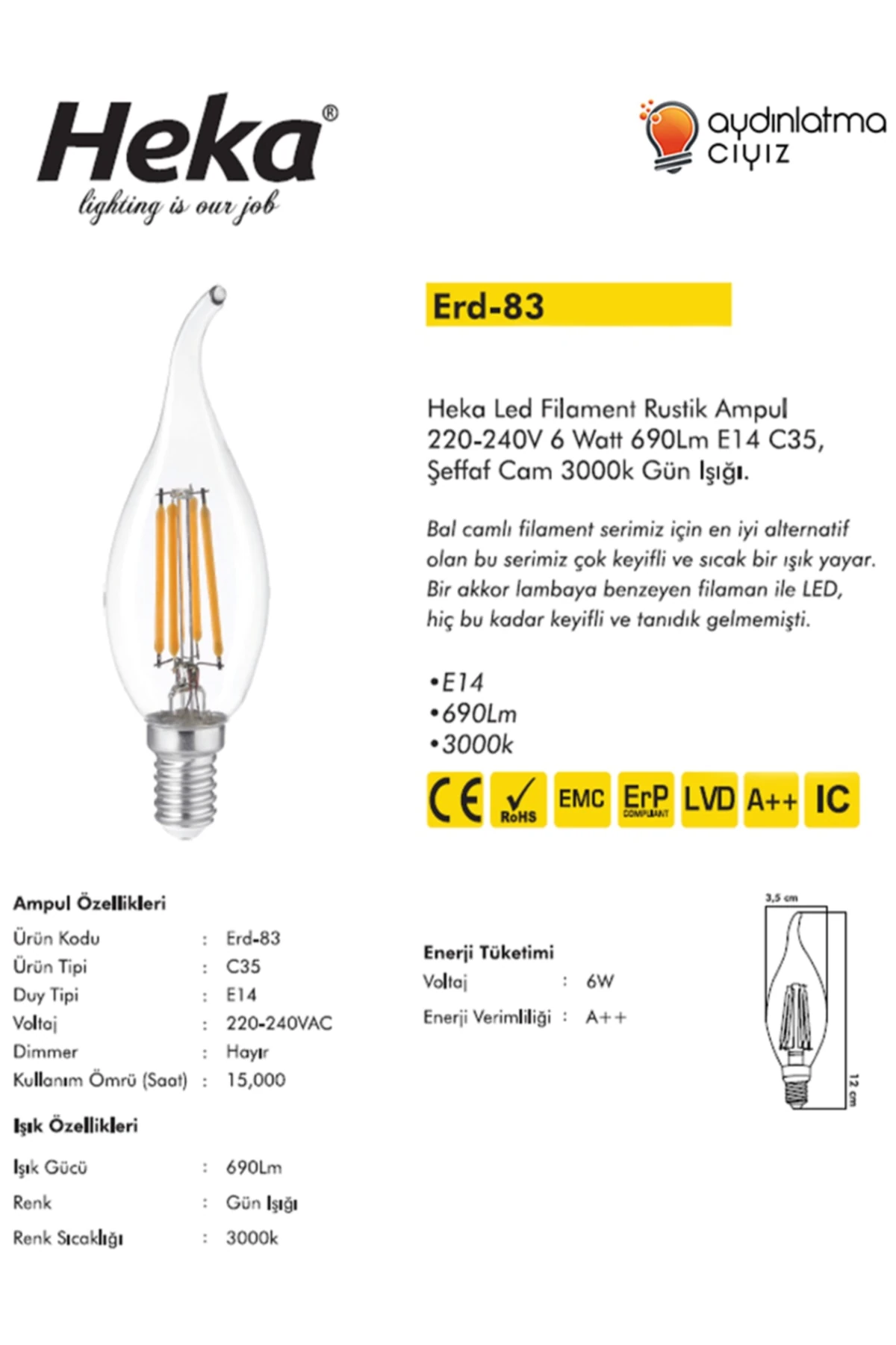 Led Kıvrık Uç Ampul Filament Rustik Ampul 6w E14 (GÜN İŞIĞI)
