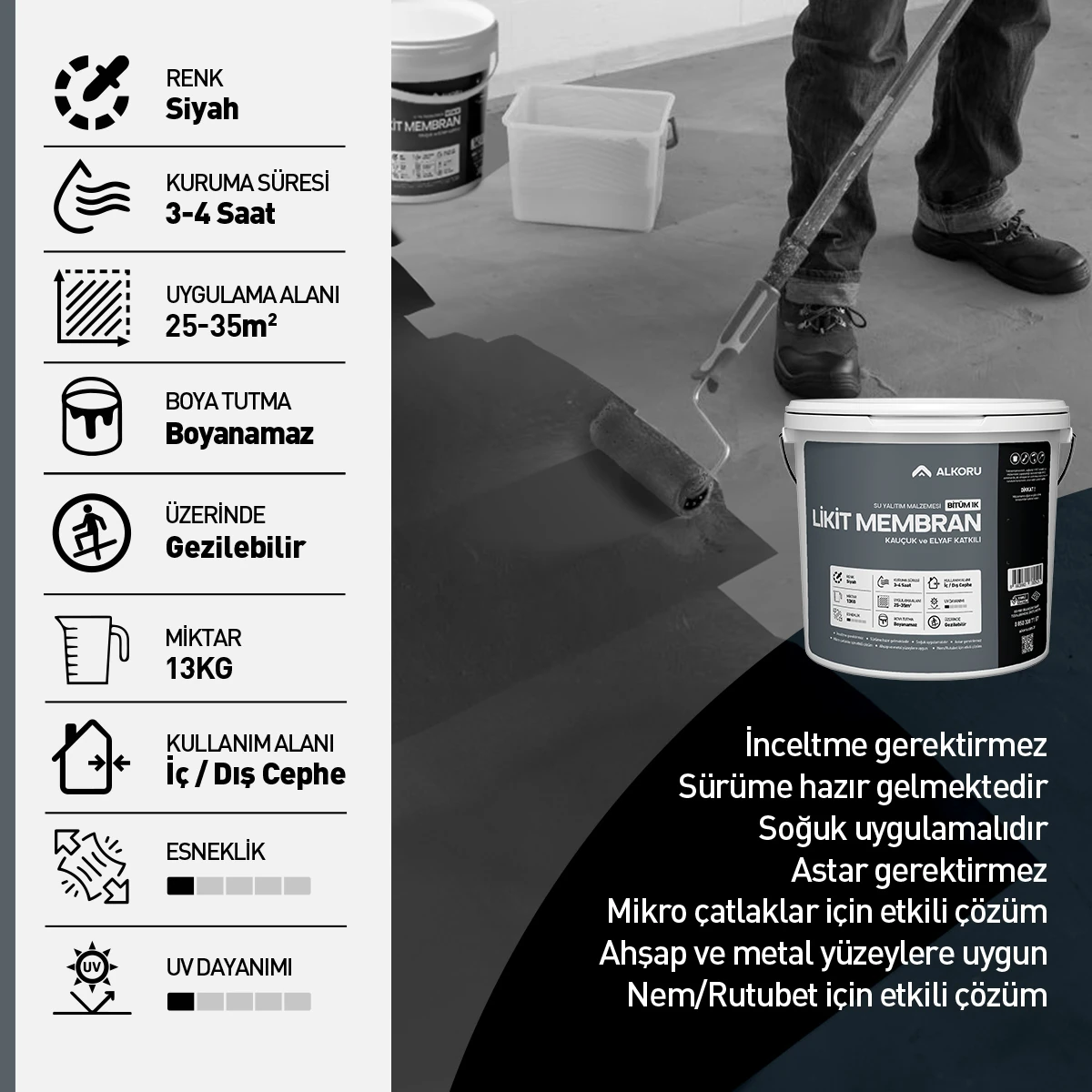 13 kg Bitüm 1k Likit Membran Kauçuk ve Elyaf Katkılı Sıvı Su Yalıtım Malzemesi