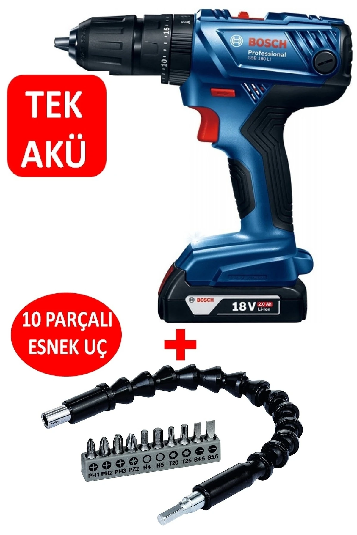 Tek Akülü Şarjlı Matkap Darbeli Matkap 18V Akülü Vidalama + Esnek Bükülebilir Vidalama Uc Seti