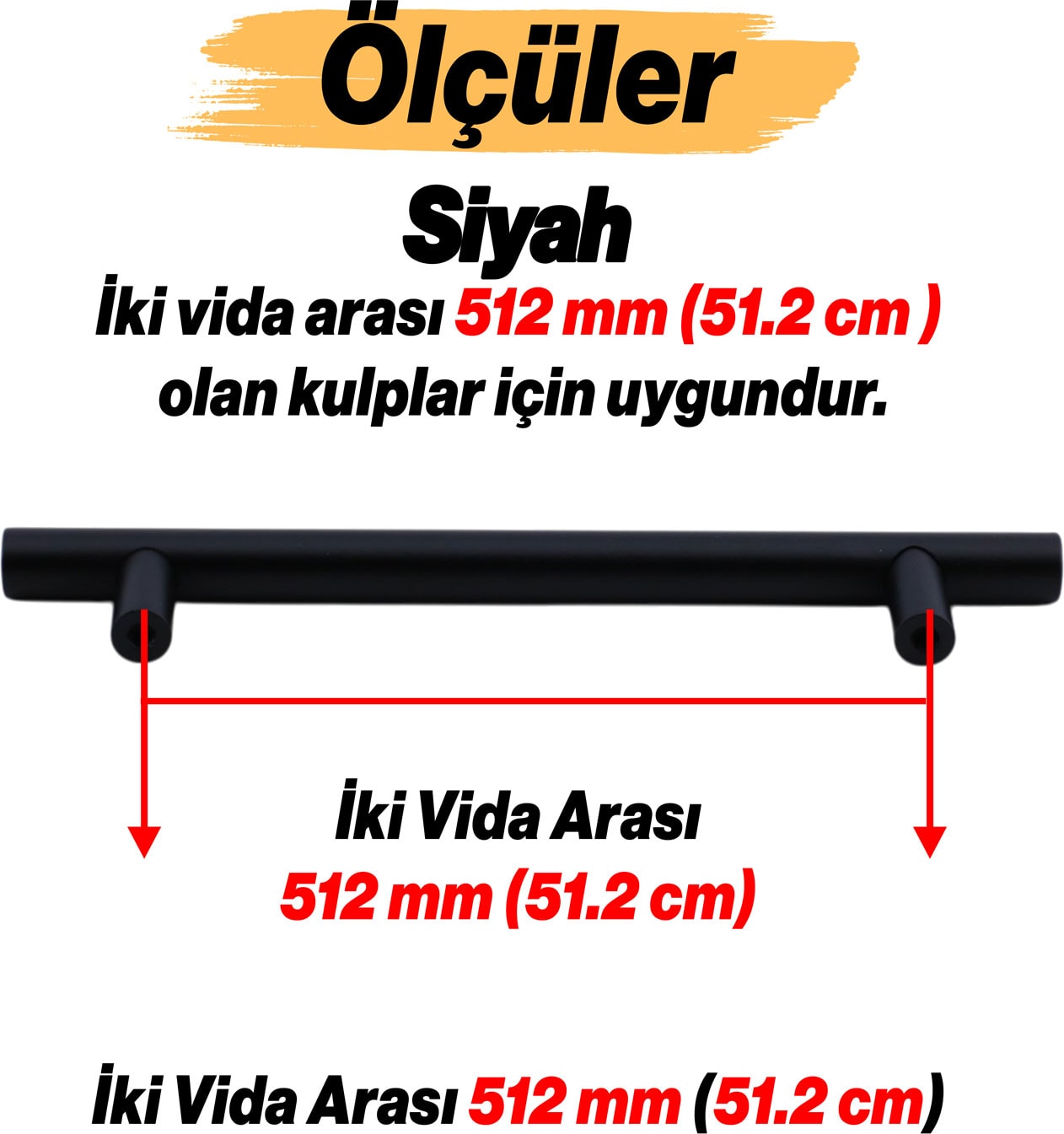 Çubuk Mat Siyah Metal Kulp 512 mm 51.2 cm Mobilya Mutfak Çekmece Dolap Dolabı Kulplar