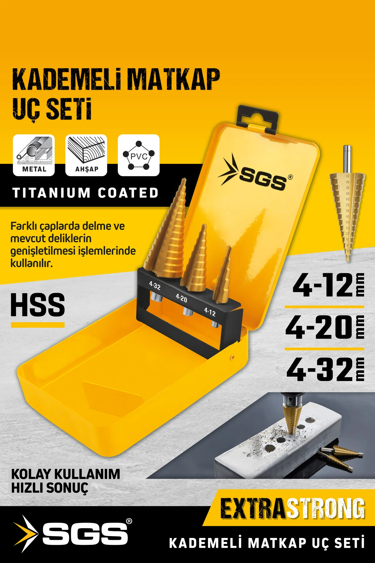 SGS2840 HSS 3 PARÇA KADEMELİ MATKAP UCU SETİ 4-12MM/4-20MM/4-32 MM