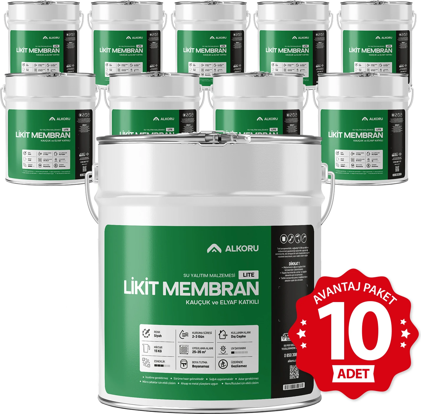 10 Adet 15 kg Lite Likit Membran Kauçuk ve Elyaf Katkılı Sıvı Su Yalıtım Malzemesi Avantaj Paket