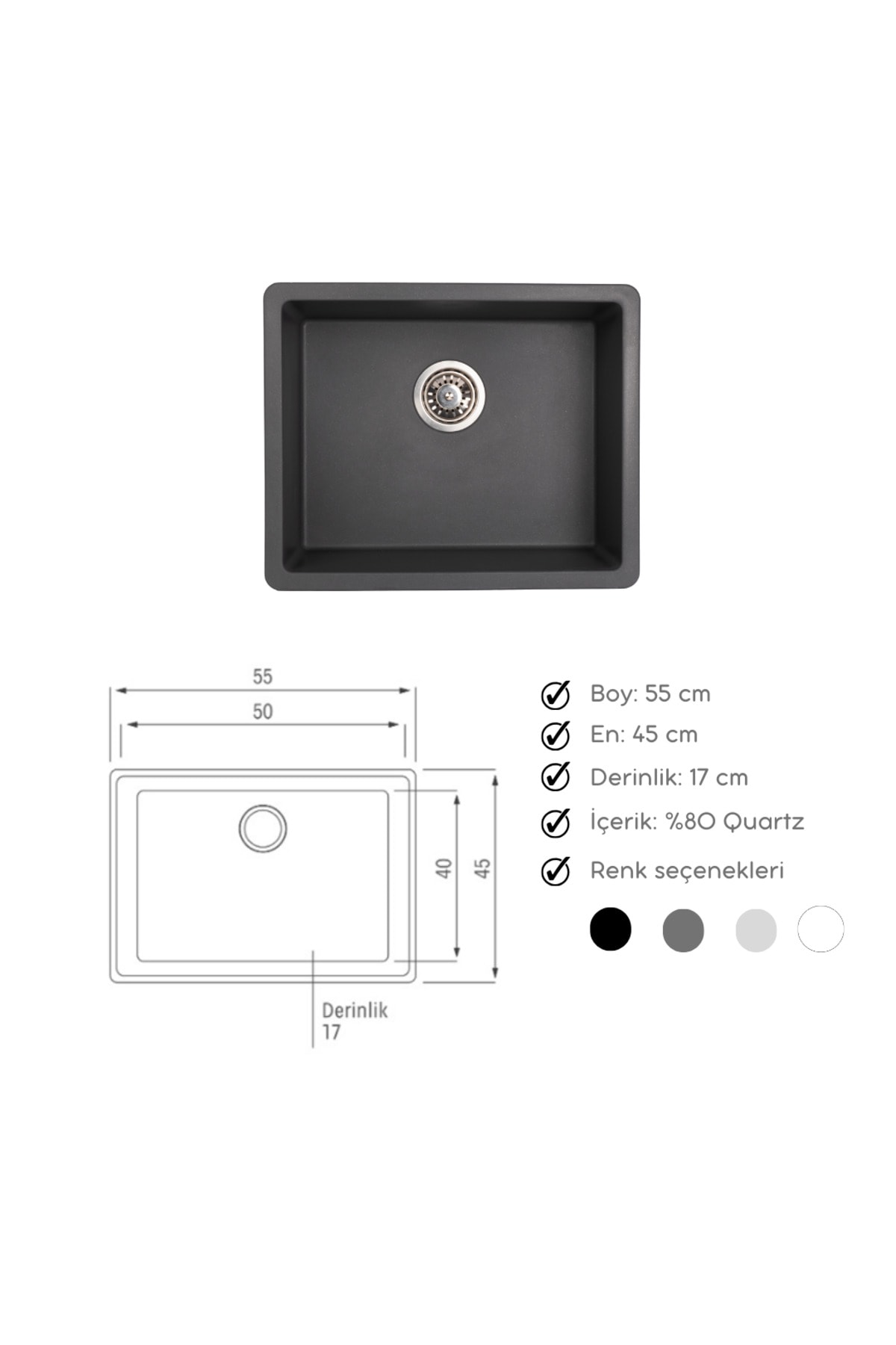 Tezgah Altı Antrasit Granit Mutfak Evyesi 55 X 45 Cm