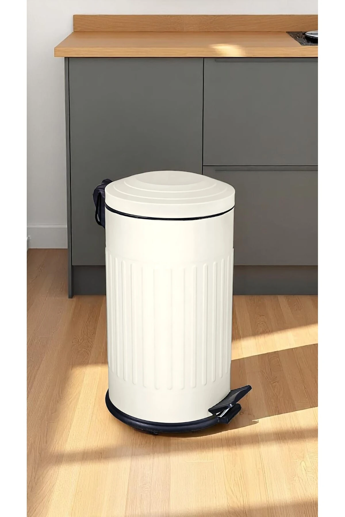 Vintage Çöp Kovası Çizgili Krem 16 Lt