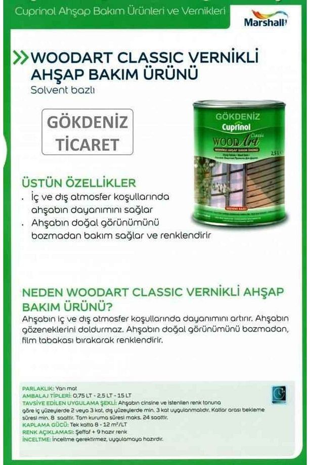 WOODART CLASSİC VERNİKLİ AHŞAP BAKIM ÜRÜNÜ 2.5LT-Ahşabı iç-dış hava şartlarına karşı korur