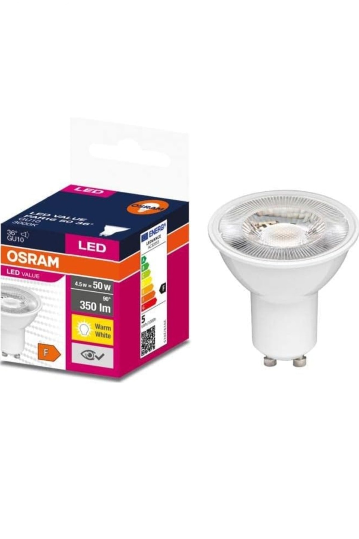 4.5w=50w Gu10 Duylu 2700Kelvin Sarı Işık 350Lümen F Enerji Led Spot Ampul
