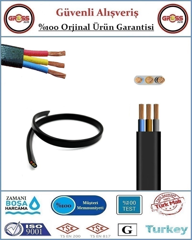 3x1.5 Ttr Yassı Çarkıt Siyah Elektrik Kablosu - 5 Metre