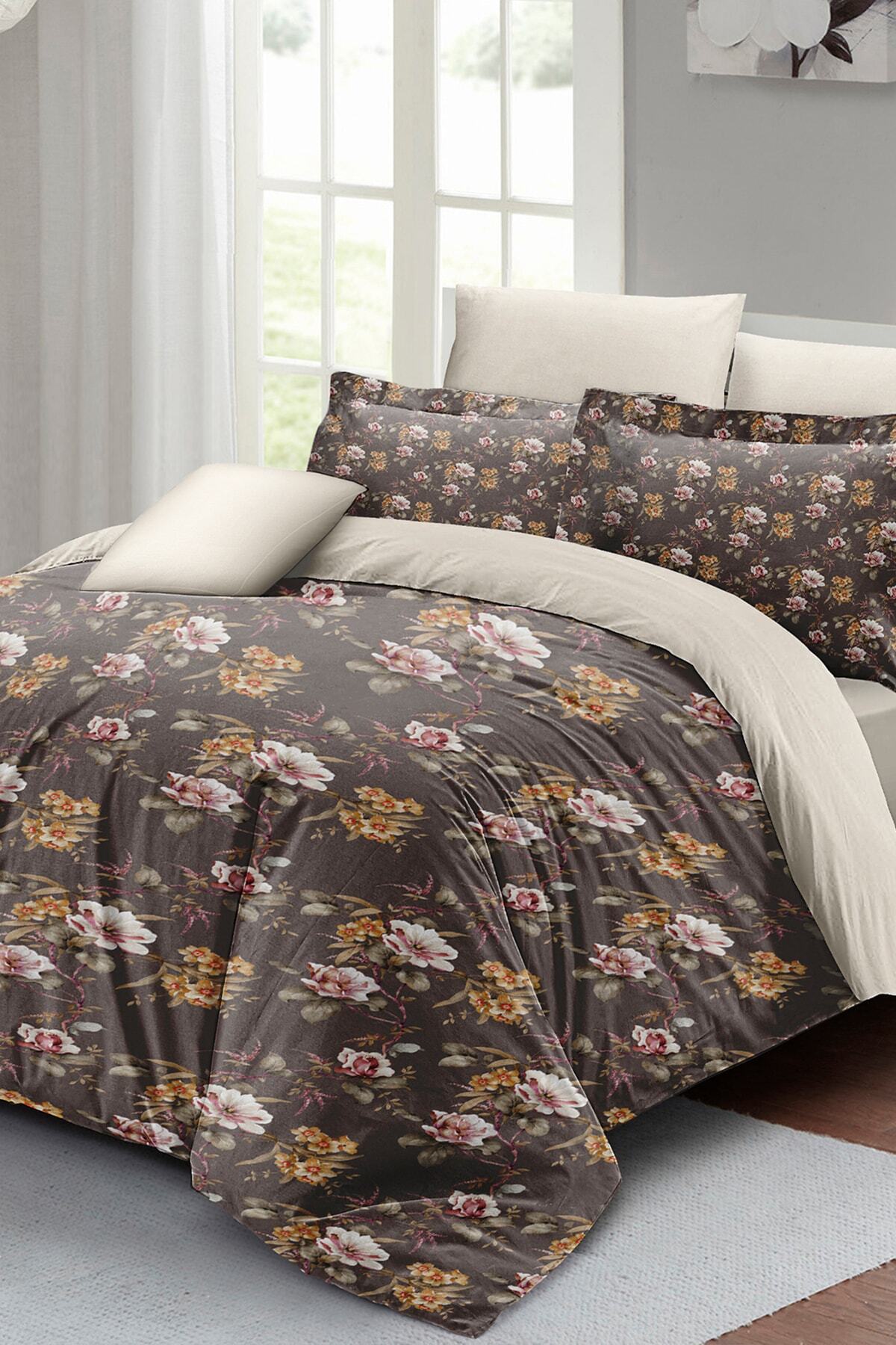 Kıng Sıze Retro Flowers Luxury Çift Kişilik Pamuk Saten Nevresim Takımı 220x240cm
