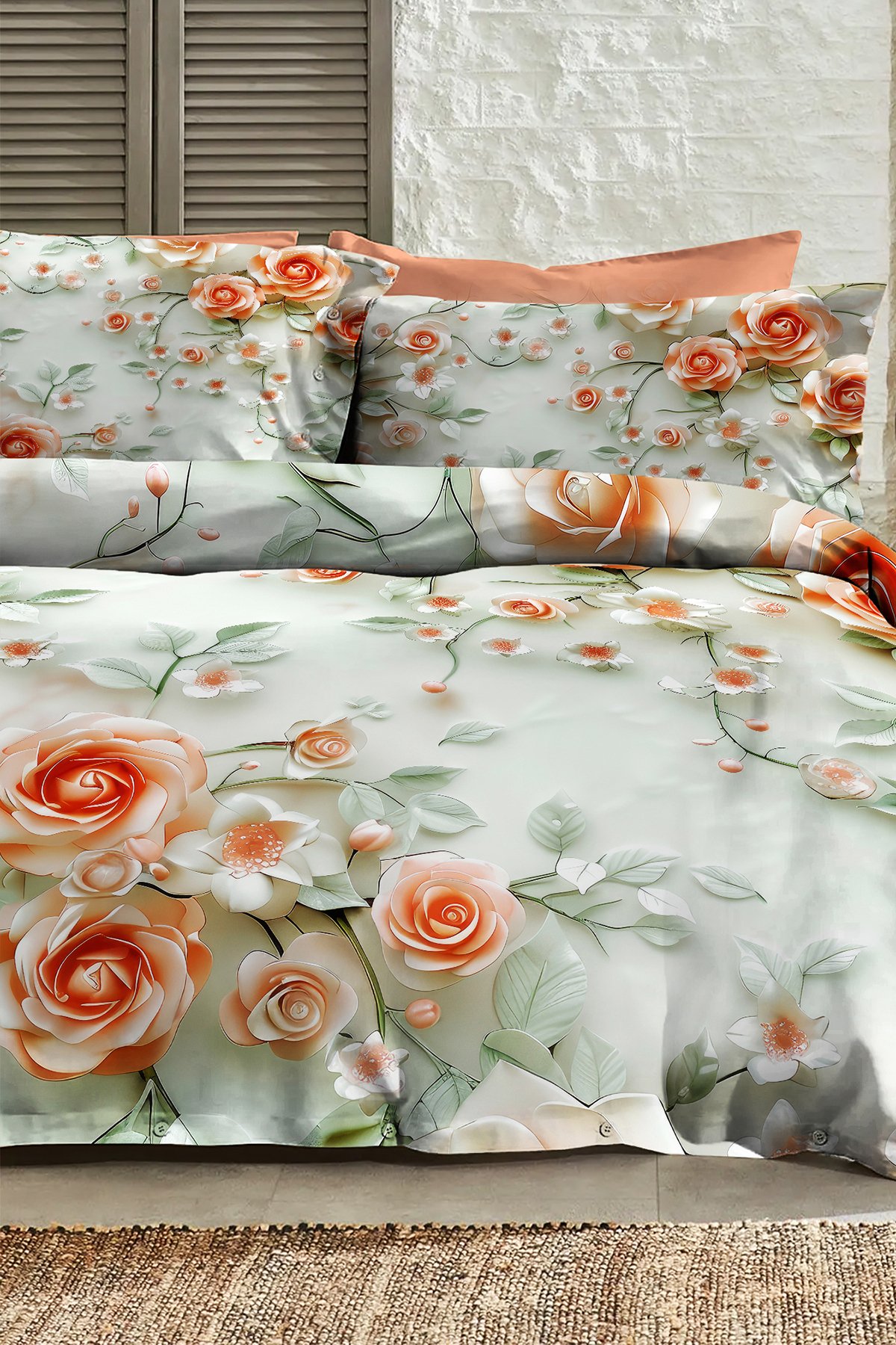%100 Pamuk Ranforce Çeyizlik Luxury 5d Dijital Çift Kişilik Nevresim Takımı Salmon Flowers