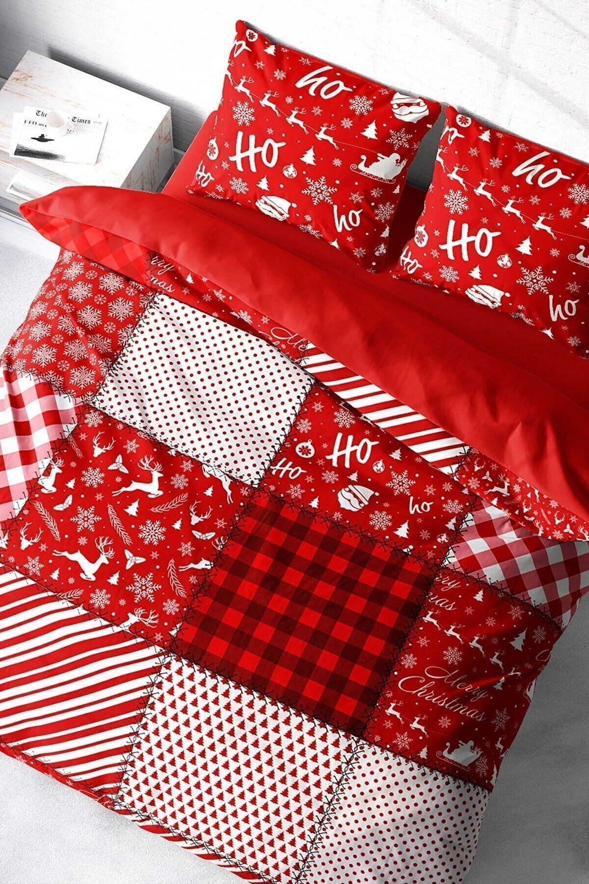 Yılbaşı Süsü Ekose Noel %100 Pamuk Saten 3d Çift Kişilik Nevresim Takımı