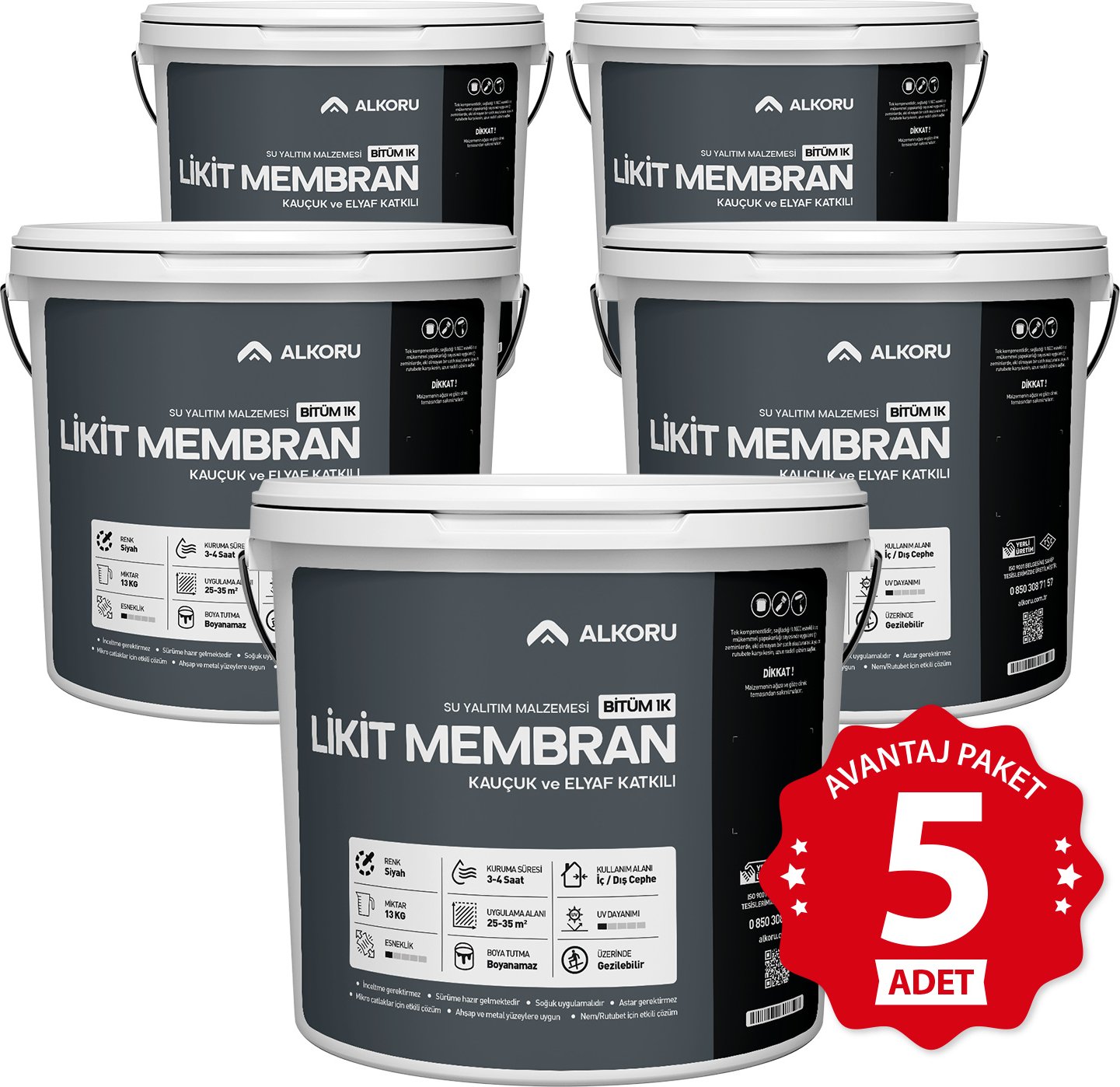 5 Adet 13 kg Bitüm 1k Likit Membran Kauçuk ve Elyaf Katkılı Sıvı Su Yalıtım Malzemesi Avantaj Paket