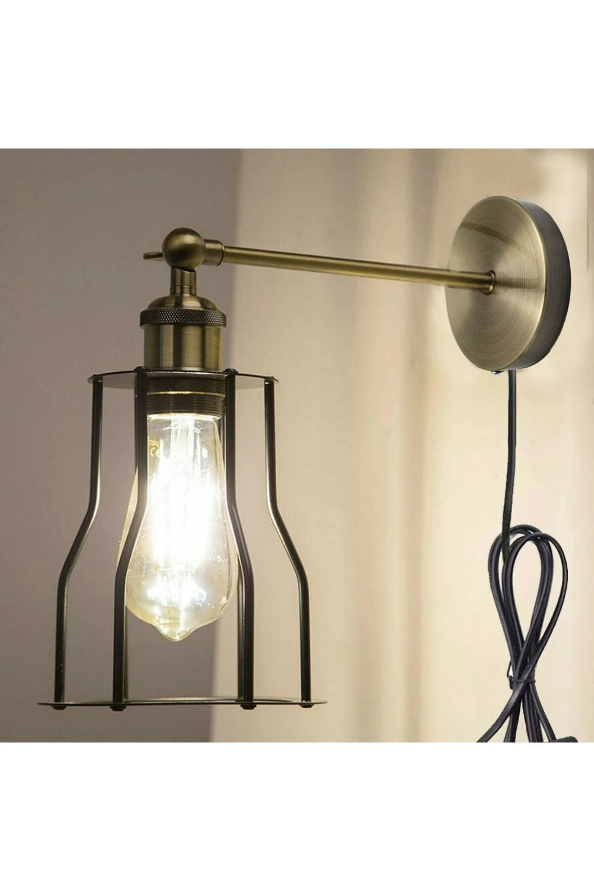VİNTAGE2,RUSTİK2,RETRO2 ESKİTME 1XE27 DUYLU KAFES KABLOLU FİŞLİ ANAHTARLI METAL DUVAR APLİK