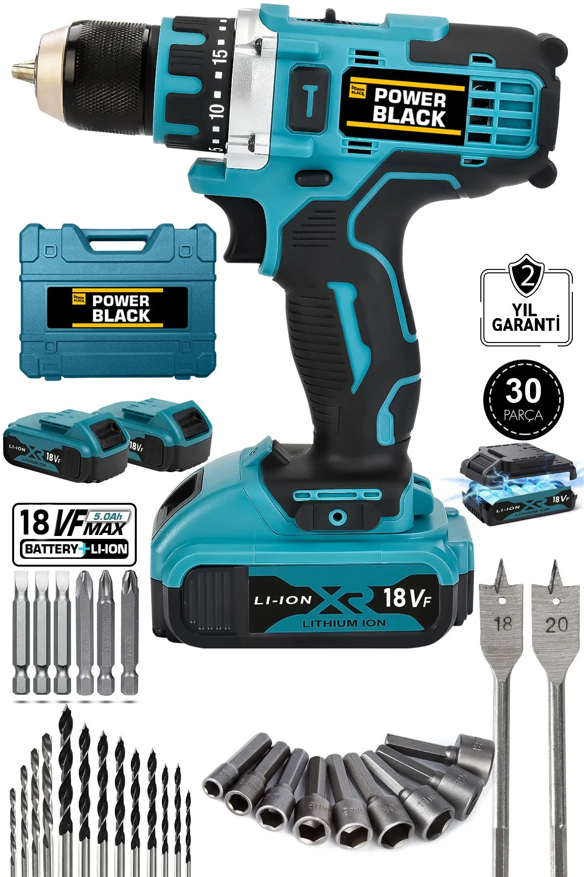 Pro Germany Technology Şarjlı Matkap Çelik Şanzuman Çift Akülü Li-on Batarya 30 Parça Powerblack