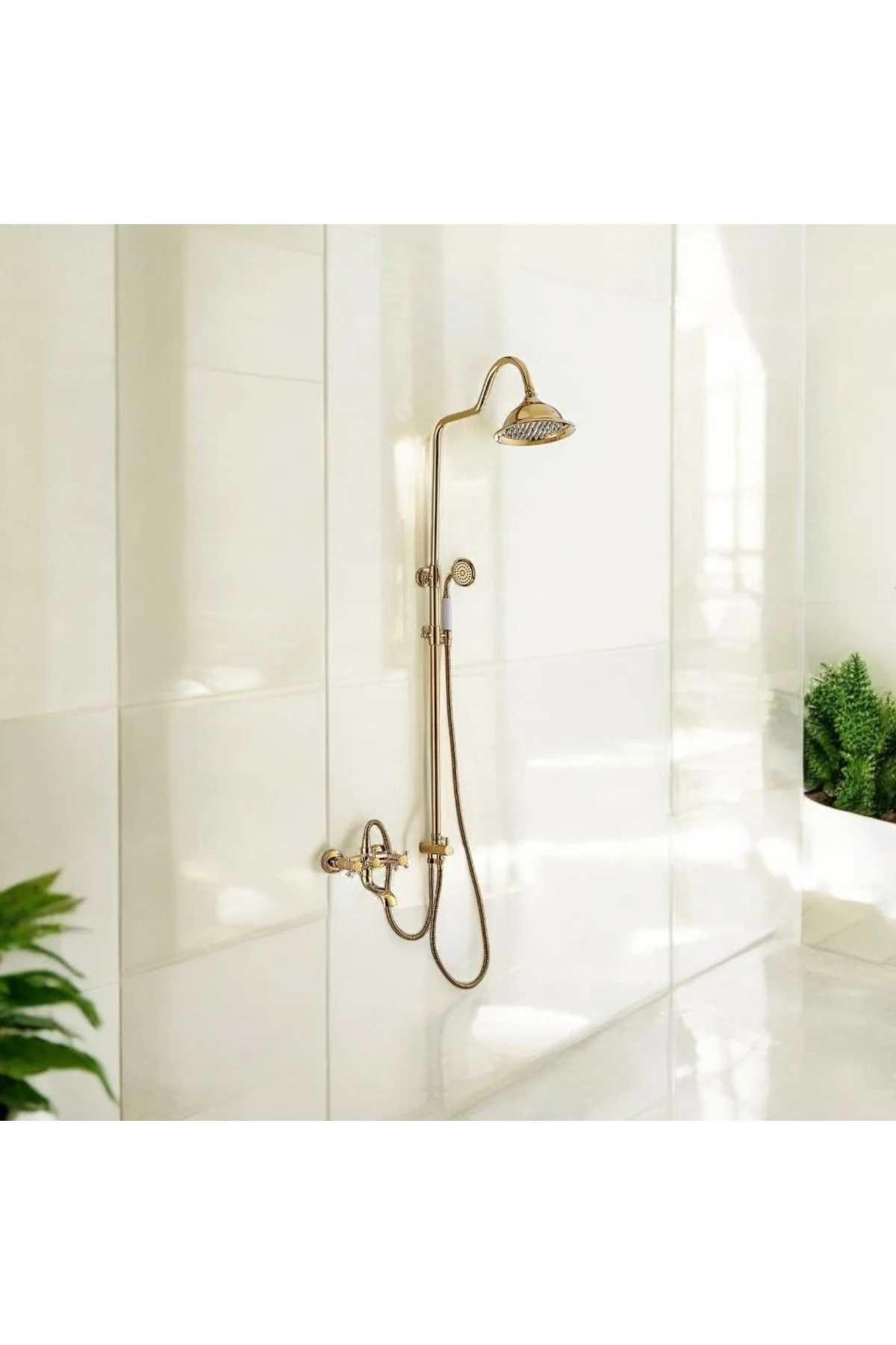 Gold Duş Seti Batarya Dahil Gold Yağmurlama Klasik Tasarım Vintage Pirinç 5 Yıl Garanti