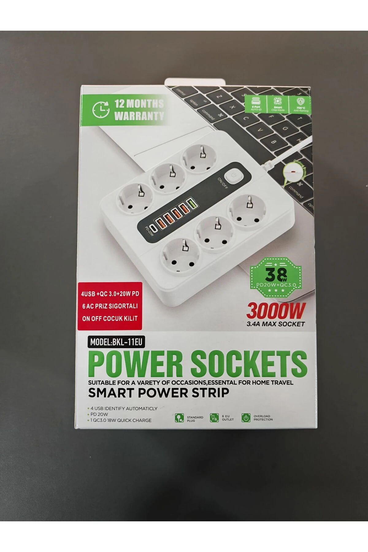 Termal Akım Korumalı 3000W 6’lı Priz – 2m Kablo – 5 USB + 1 Type-C PD Hızlı Şarj Beyaz