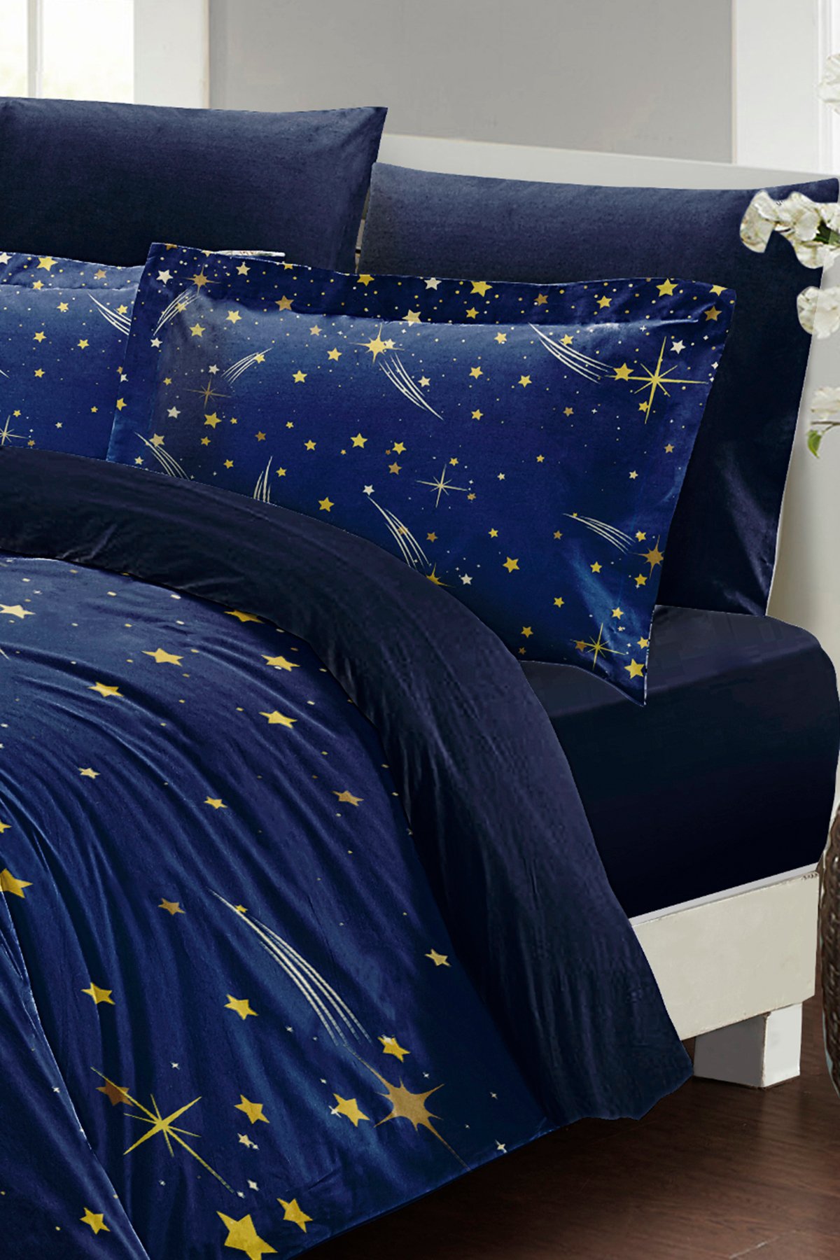 Neonlu Fosforlu Nevresim Takımı (LASTİKLİ ÇARŞAFLI) Çift Kişilik %100 Pamuk Saten Stars Dream
