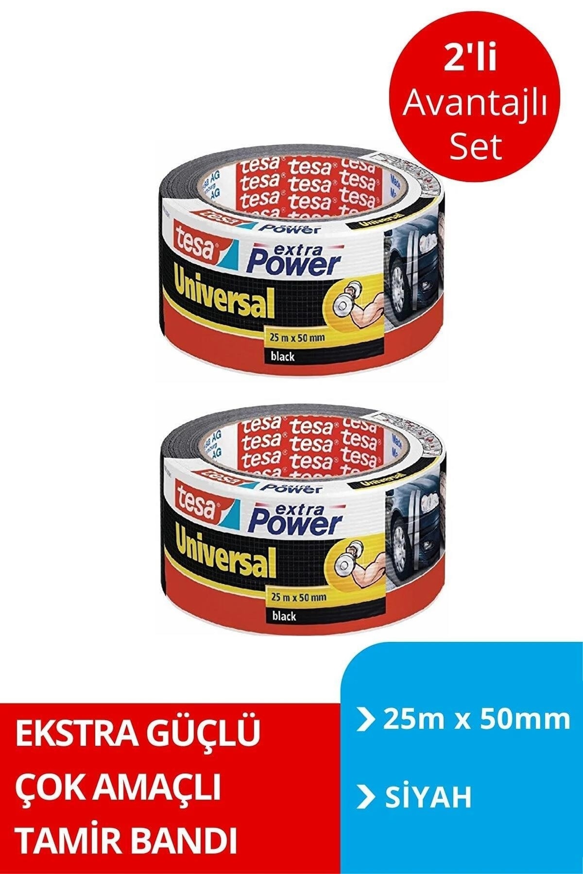 TESA Extra Power Universal Duct Bant, Gaffer Bant, 25mx50mm, Siyah X2 Adet