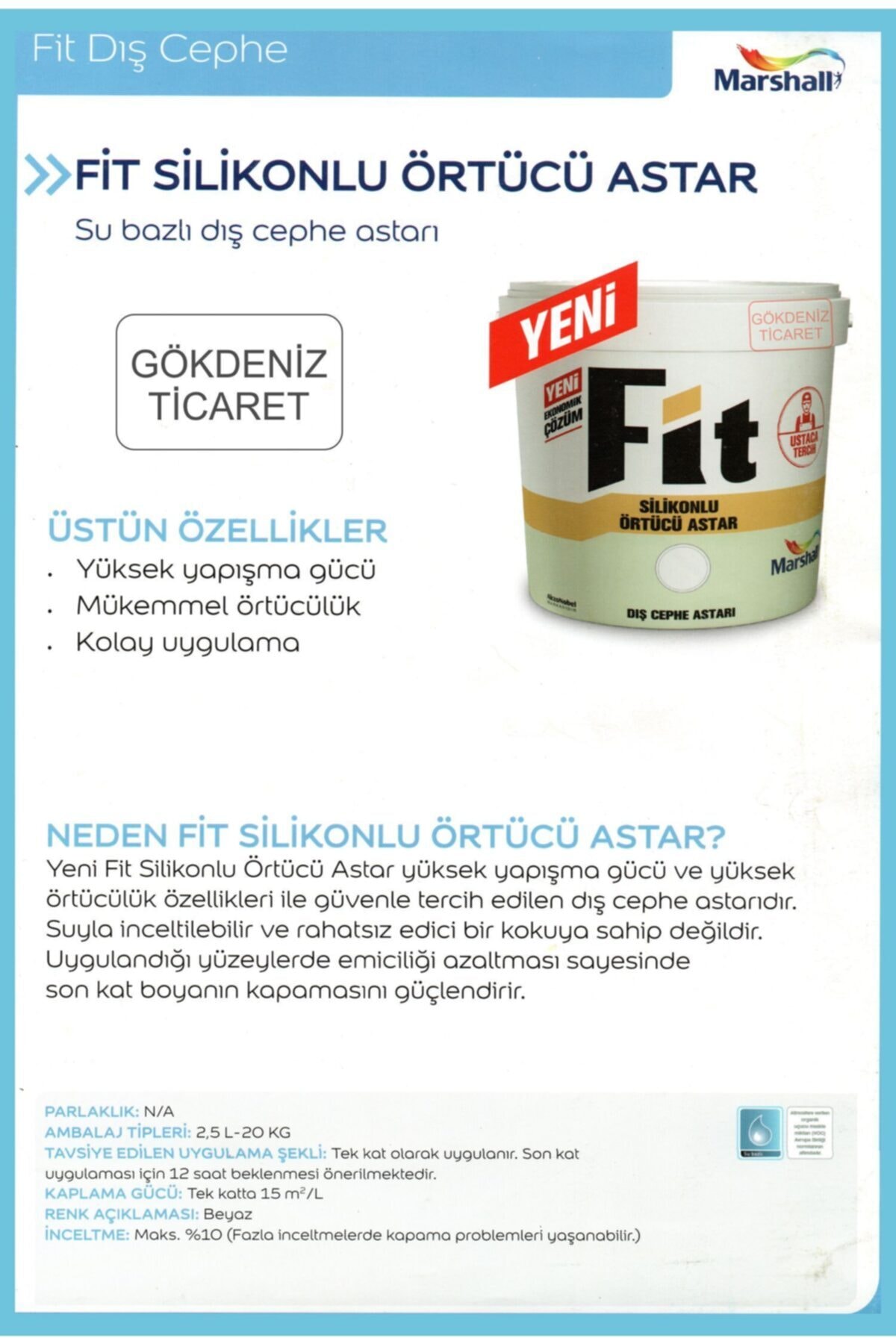 MARSHALL FİT SİLİKONLU ÖRTÜCÜ DIŞ CEPHE ASTARI 12.5LT=20KG-Boya Sarfiyatını Azaltır-Kolay Uygulanır