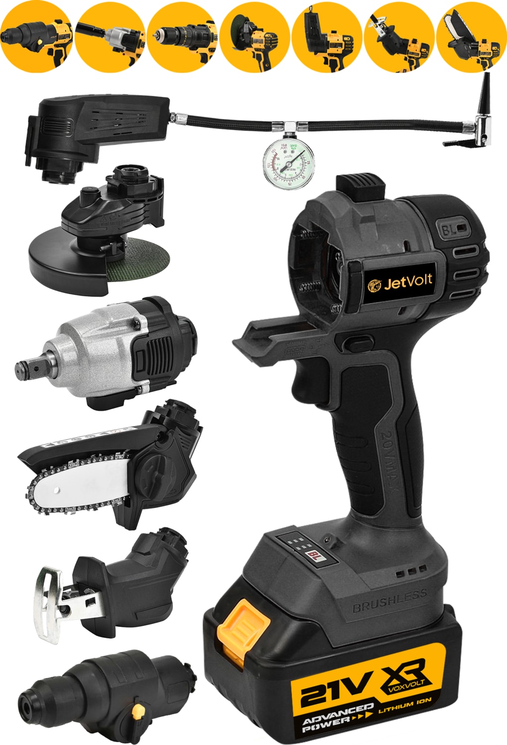 7 Başlıklı Set Taşlama Somun Sıkma Tilki Kuyruğu Dal Budama Akülü Vidalama Hava Pompası Hilti - Siyah