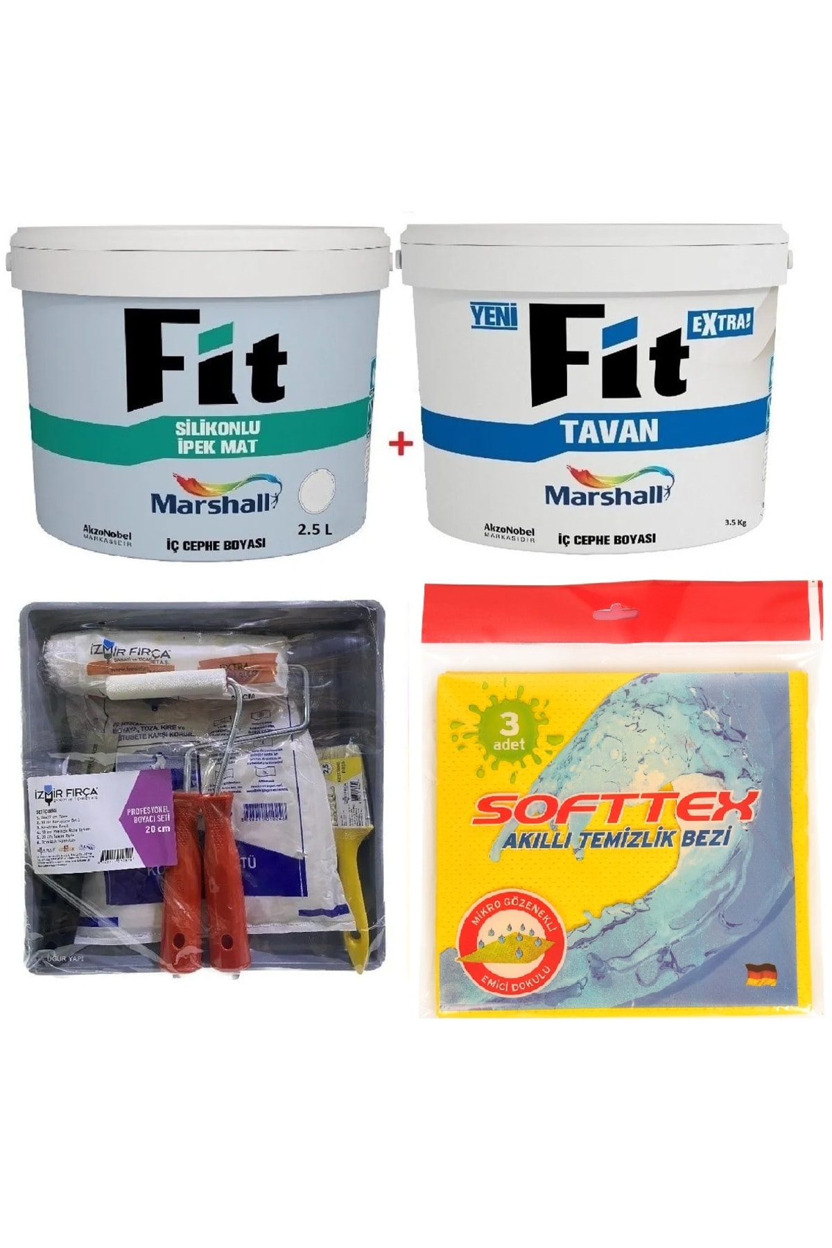 MARSHALL Fit Silikonlu Ipek Mat Iç Cephe Boyası 3.5 Kg + Fit Extra Tavan Boyası 3.5 Kg + Boyama Set