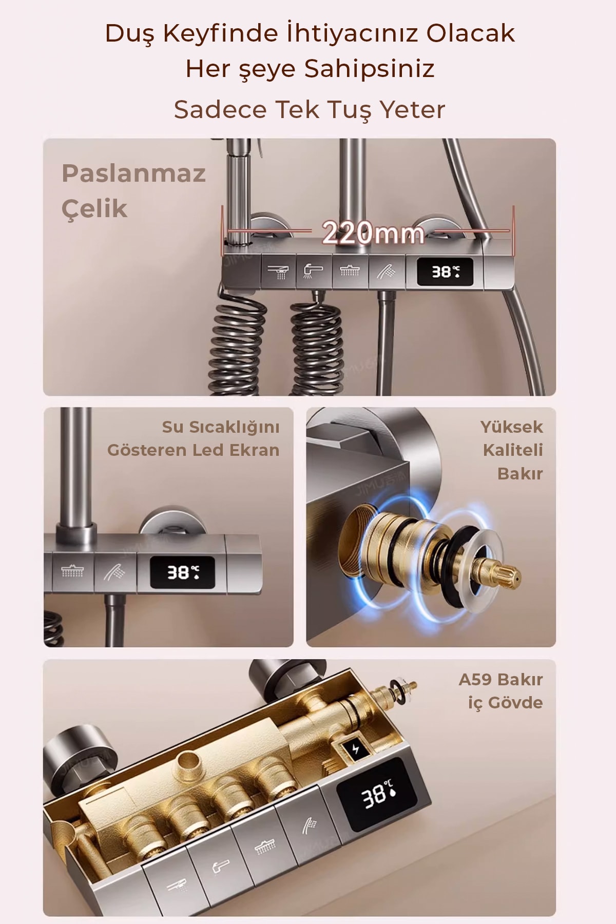 Dijital Led Göstergeli Piyano Tuşlu Termostatik Banyo Batarya Duş Sistemi