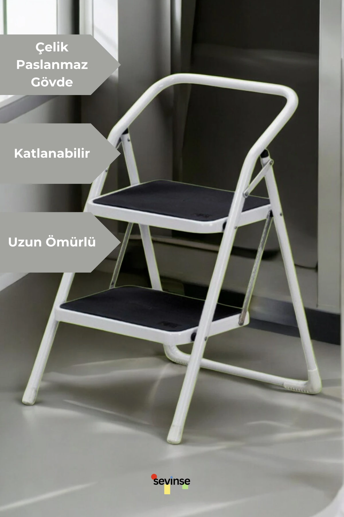 2 Basamaklı Katlanabilir Paslanmaz Çelik Merdiven Beyaz