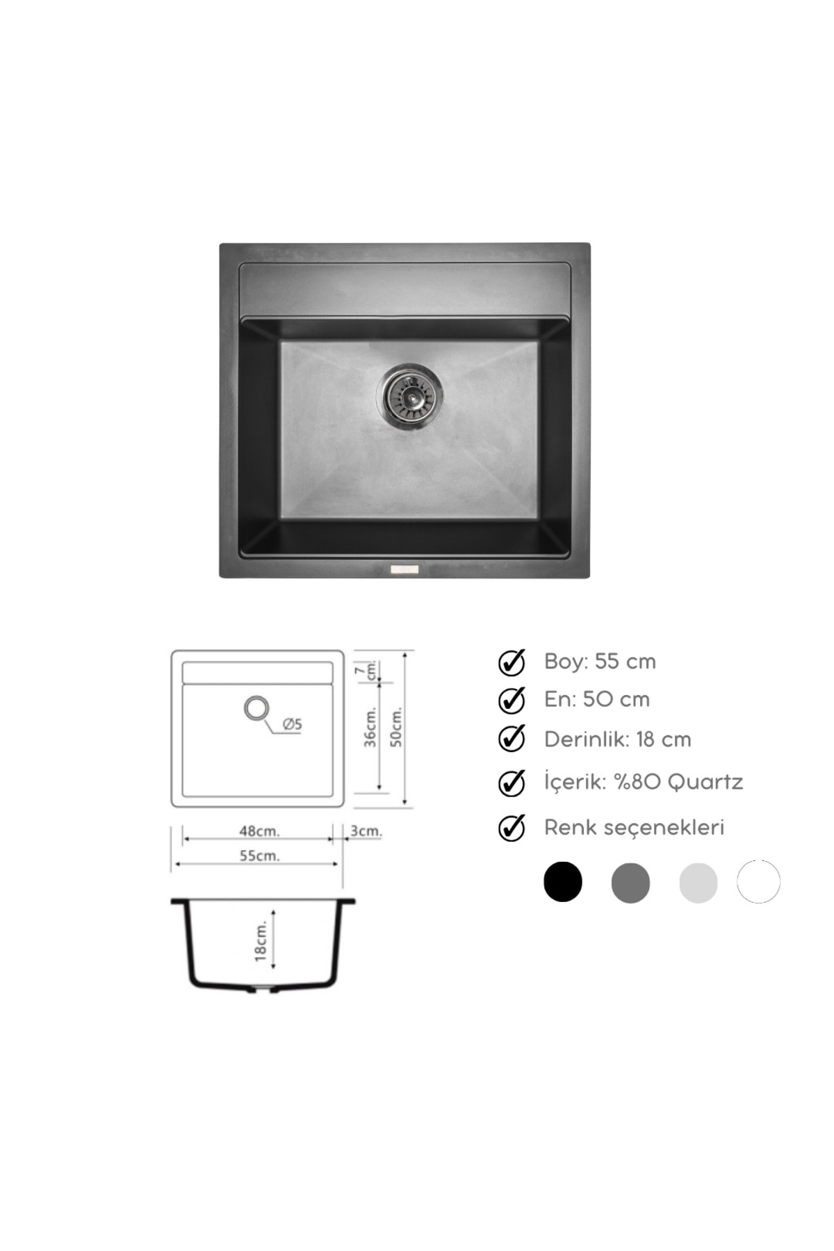 Granit Evye Antrasit Tek Gözlü Mutfak Evyesi 55 X 50 Cm