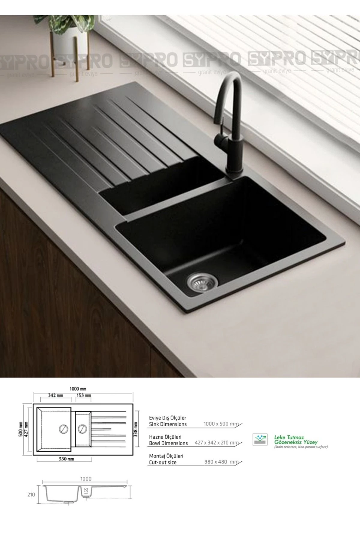 Granit Eviye | Çift Hazne Izgaralı | Beyaz | Ametist Sp--03 | Evye