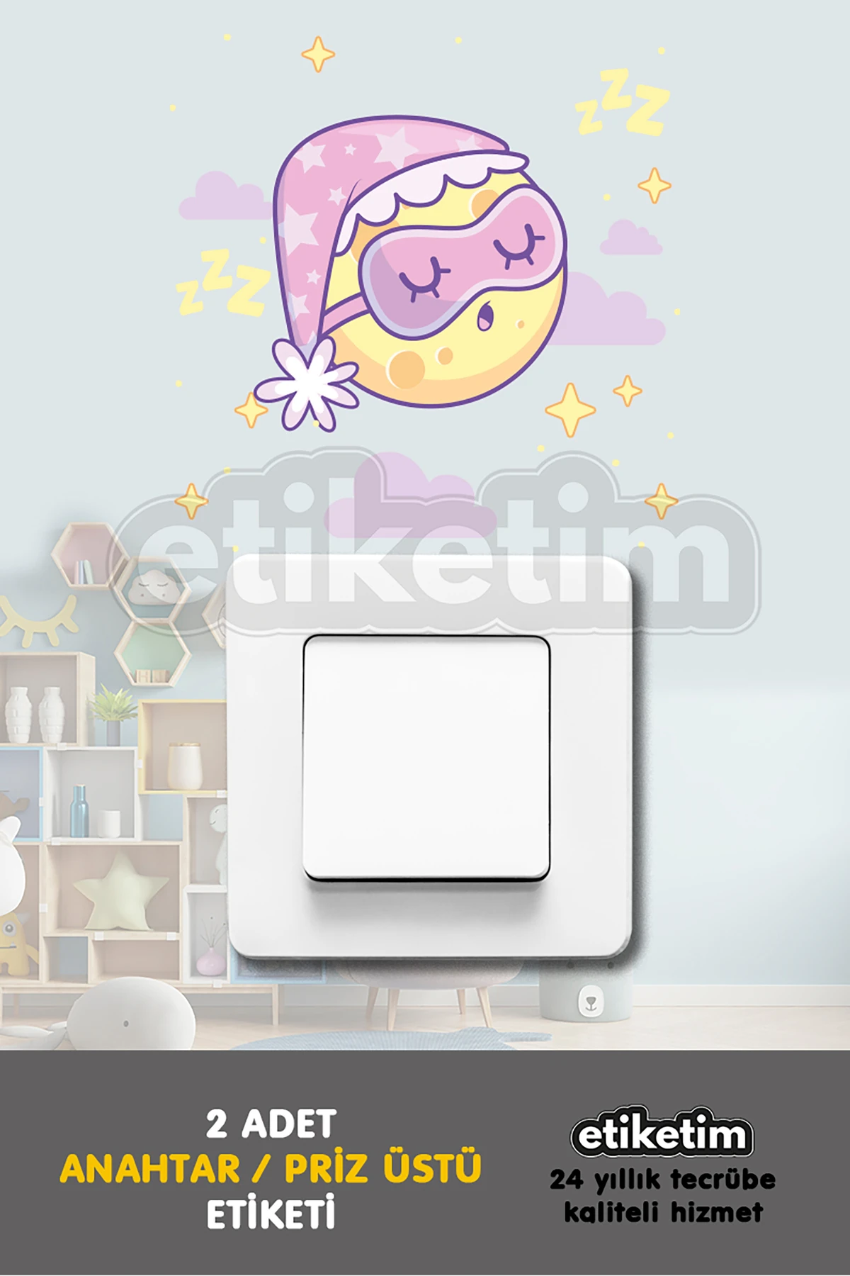 Priz Üstü Etiket Uykucu Ay ve Yıldızlar Temalı Dekoratif Sevimli Sticker 2'li Paket