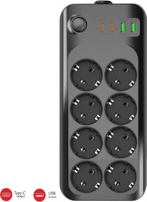Termal Akım Korumalı USB ve Type-C 2.1A Şarj Çıkışlı 10A 2500W 8'li Uzatma Grup Priz 3422