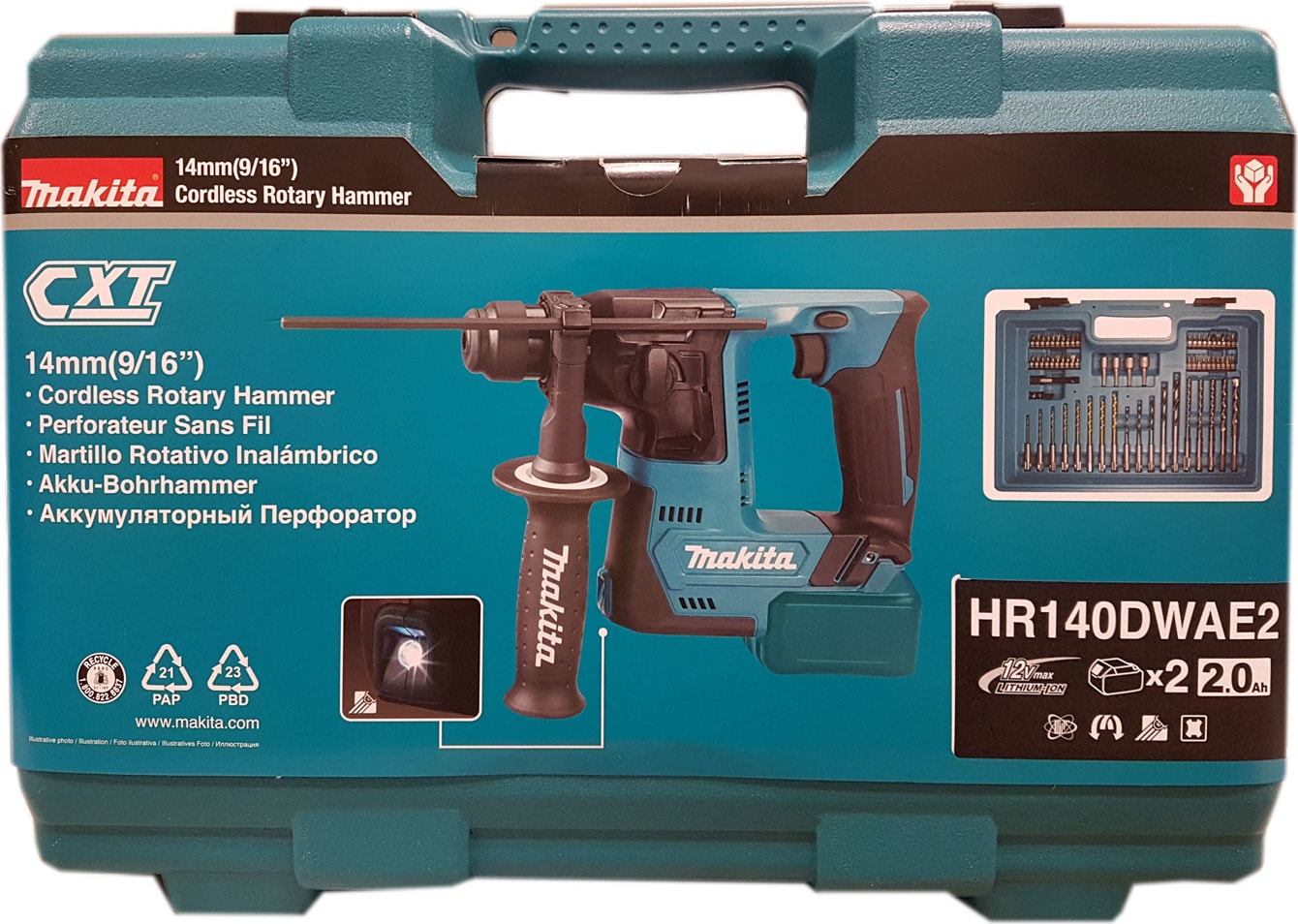 MAKİTA HR140DWAE2 Akülü Delici Matkap SDS Plus 12 Volt-2,0 Ah (65 parça uç setli)