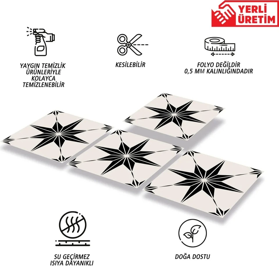 Kendinden Yapışkanlı Siyah Yıldız Desenli Pvc Karo 30X30 cm (33 Adet) 3m2