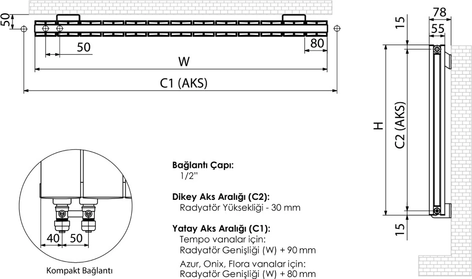 600 x 1115 mm Amber Yatay Gümüş Gri Alüminyum Radyatör Standart Bağlantı