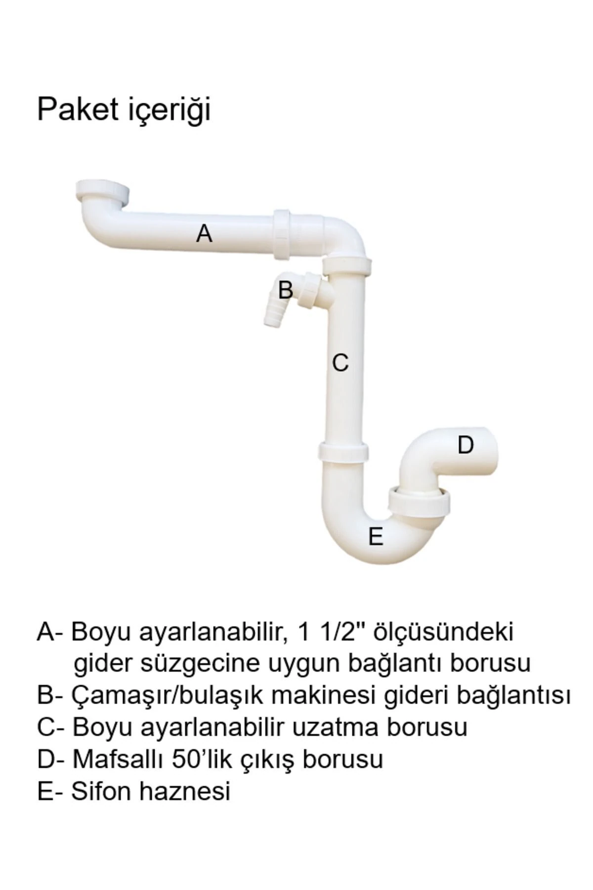 Yer kazandıran lavabo sifonu evye sifonu 1 1/2'' bağlantı ağızlı, 50lik, koku önleyici gider borulu