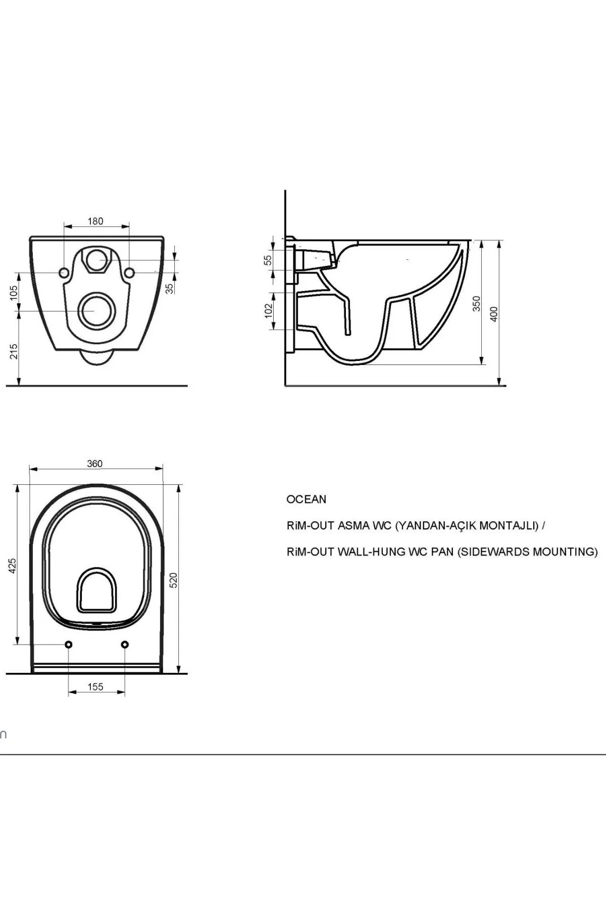 Ocean Kanalsız Asma Klozet , Japar Gömme Rezervuar Set