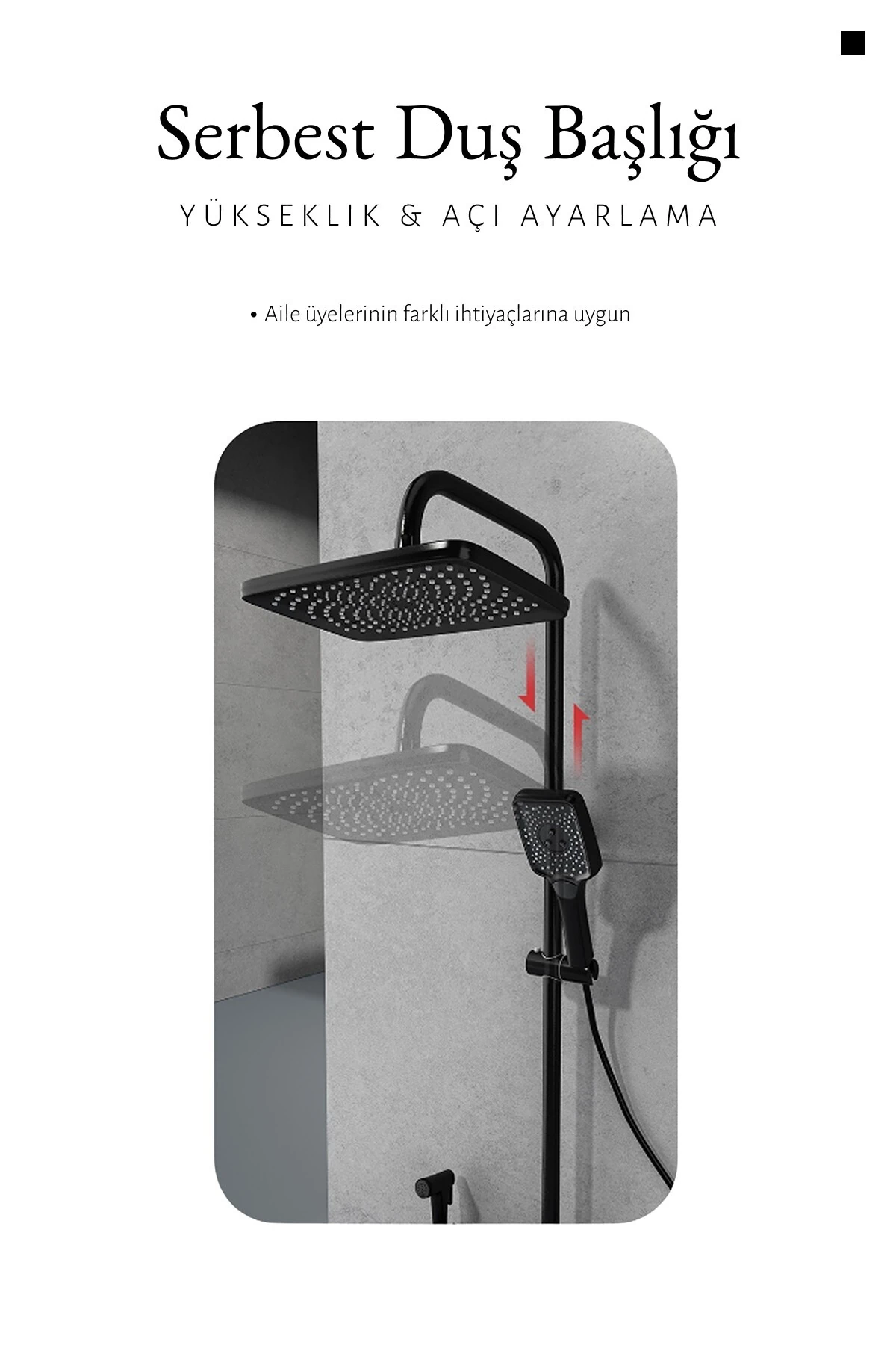 Premium Siyah Duş Sistemi Seti - 4 Fonksiyonlu Yağmur Duş Başlığı, Temperli Cam Raf, Masajlı El Duşu